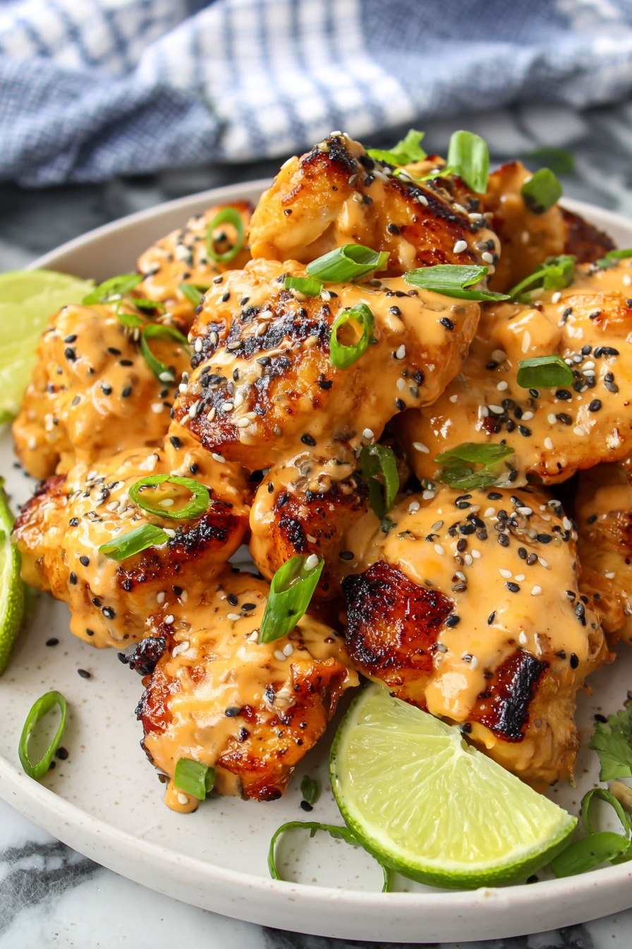 Bang Bang Salmon Bites Spicy Sauce, salmon appetizer recipes, spicy seafood snacks, quick salmon recipes, easy fish bites - The dish shows small pieces of grilled chicken stacked in the center of a white plate with a textured look. The chicken pieces are coated with a creamy, light orange sauce and sprinkled with white and black sesame seeds, as well as small green onion slices. Around the chicken, there are four lime wedges placed evenly on the plate. The background is a white marbled surface. photo taken with an iphone --ar 2:3 --v 7