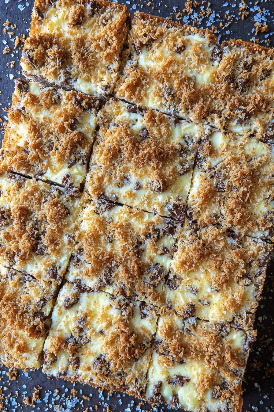 Coconut Chocolate Bars, Coconut Chocolate Bars Recipe, Easy Coconut Chocolate Bars, Tropical Chocolate Bar Dessert, No-Bake Coconut Chocolate Bars - The image shows a large, square bar with two main layers. The bottom layer is dense and light golden brown, hidden under the toppings. The top layer has two distinct parts: a thick spread of small, shiny dark chocolate chips and a layer of toasted, shredded coconut with a mix of golden brown and creamy white colors. The toasted coconut pieces are uneven and scattered all over, giving a rough texture with some caramelized spots. The bar sits on a wooden board over a white marbled surface. photo taken with an iphone --ar 2:3 --v 7