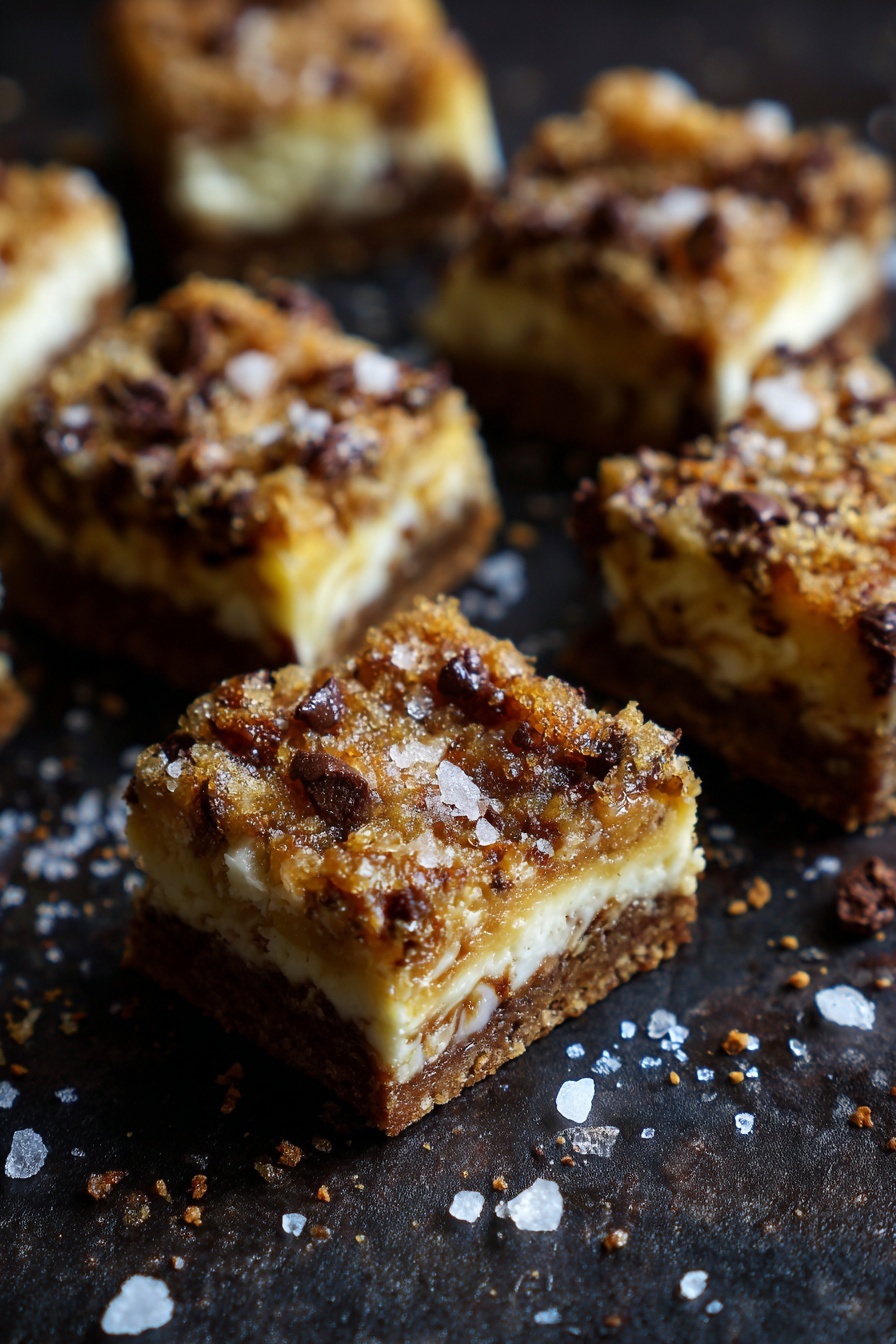 Coconut Chocolate Bars, Coconut Chocolate Bars Recipe, Easy Coconut Chocolate Bars, Tropical Chocolate Bar Dessert, No-Bake Coconut Chocolate Bars - The image shows several square pieces of dessert bars arranged on a dark surface with scattered flakes of salt. Each square has a base layer that looks firm and brown, topped with a creamy white layer mixed with melted cheese and chocolate chips, creating a textured and slightly golden top. The dessert pieces have a crispy, slightly toasted look on top with a mix of creamy and crunchy textures. The white marbled texture is not visible as the background is dark. photo taken with an iphone --ar 2:3 --v 7
