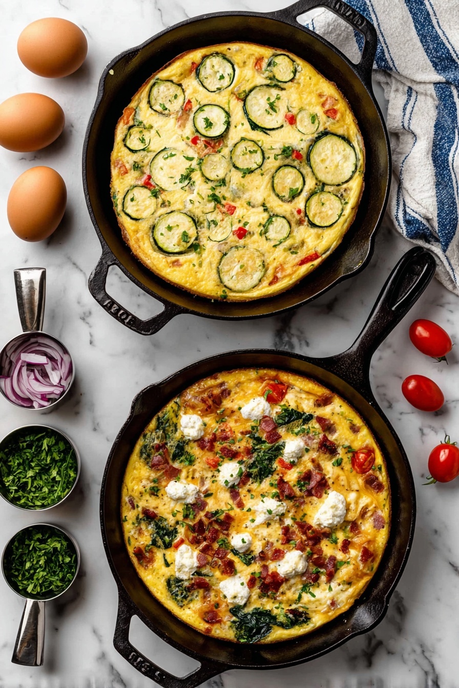 Vegetable Frittata with Cheese and Herbs, healthy vegetable frittata, easy brunch ideas, cheesy egg bake, quick vegetarian breakfast - Two black cast iron skillets sit on a white marbled surface, each filled with a cooked frittata. The top skillet's frittata has a pale yellow egg base, topped with round green zucchini slices, small red bell pepper pieces, melted white cheese, and green parsley leaves scattered on top. The bottom skillet contains a more colorful frittata with a yellow egg base, dotted with halved cherry tomatoes, green spinach leaves, white dollops of cheese, and strips of reddish-brown bacon or ham evenly spread. Around the skillets are three brown eggs on the left, small metal measuring cups filled with green parsley, red onion slices, and cherry tomatoes, and a folded striped blue and white cloth to the right. photo taken with an iphone --ar 2:3 --v 7