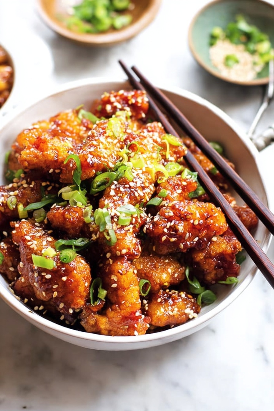 Paleo Sesame Chicken, paleo chicken recipes, Whole30 sesame chicken, healthy paleo chicken dish, easy paleo chicken dinner - The image shows a white bowl filled with crispy fried chicken pieces coated in a shiny reddish-brown sauce. The chicken pieces are layered closely together, with a sprinkling of white sesame seeds and chopped bright green onions scattered on top, adding vibrant color contrast. A pair of dark wooden chopsticks rests on the edge of the bowl, partially inserted into the chicken. The bowl sits on a white marbled surface with small bowls of green onion and seasoning blurred in the background. Photo taken with an iphone --ar 2:3 --v 7