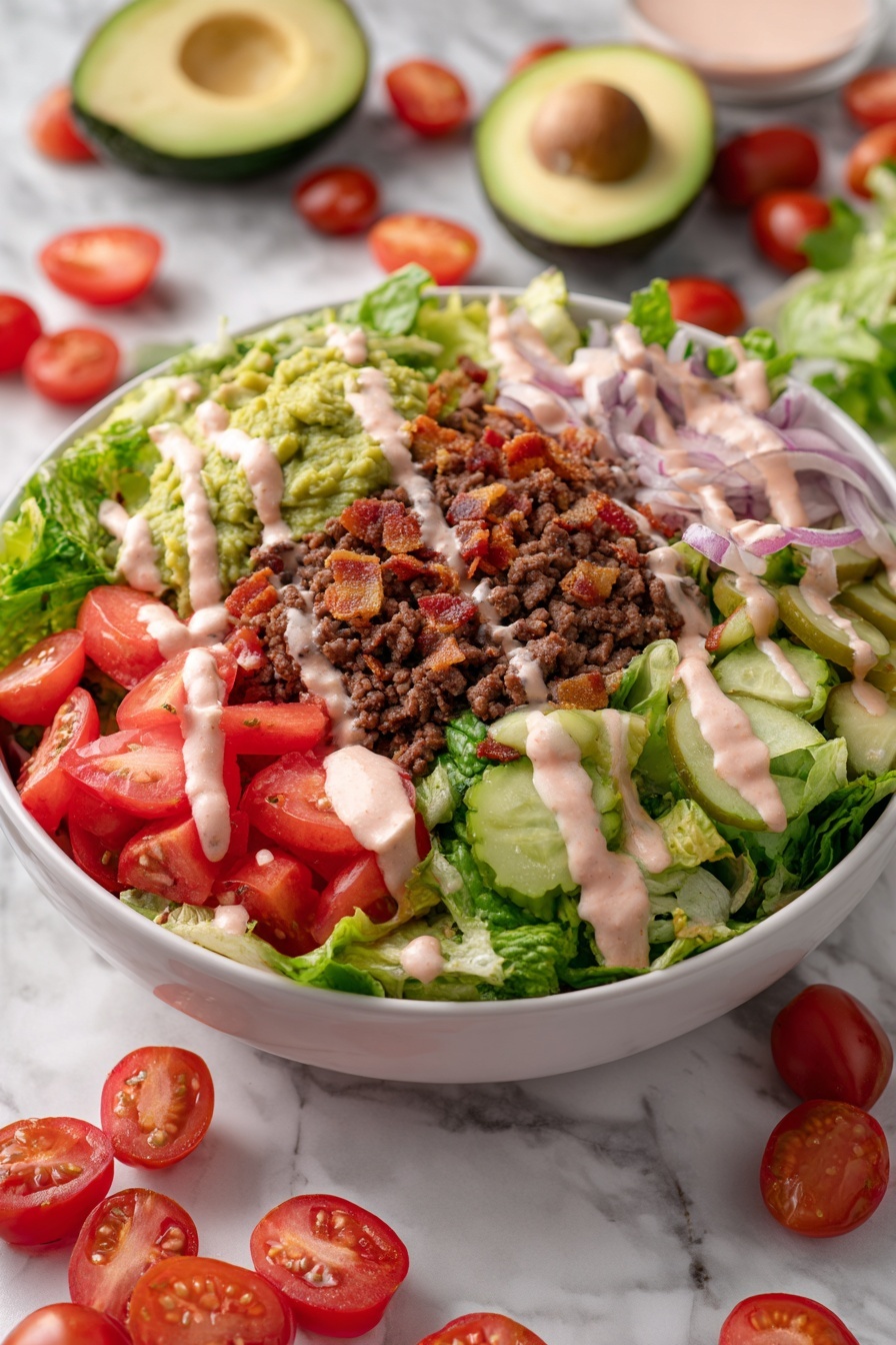 Loaded Burger Bowl with Special Sauce, burger bowl recipes, healthy burger bowl ideas, easy burger bowl, homemade burger sauce - The image shows a white bowl filled with a fresh salad arranged in layers. At the bottom, there is a base of green lettuce leaves. On top of the lettuce, there are several layers including bright red cherry tomato halves, crumbled cooked ground beef in brown color, and slices of pale green pickles sprinkled with chopped herbs. There are also thin slices of cooked meat with a golden-brown crispy texture and lightly grilled onion rings with a slightly translucent look. On one side of the bowl, there is a generous scoop of green guacamole, and pinkish creamy dressing is drizzled over the top of all the ingredients. The bowl sits on a white marbled surface, with halves of fresh avocado in the background. Photo taken with an iphone --ar 2:3 --v 7