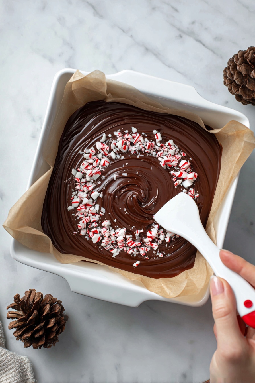 Peppermint Swirl Chocolate Fudge, holiday peppermint fudge, festive chocolate fudge, peppermint dessert recipe, easy Christmas fudge - A white baking pan lined with parchment paper holds a single-layer, glossy dark chocolate mixture spread evenly inside. A woman's hand is using a white spatula with a red tip to swirl crushed white and red peppermint pieces on top of the chocolate with circular motions. The spatula moves from the center outward, creating a marbled effect with the crushed peppermint pieces scattered mainly around the center and edges. The setting features a white marbled surface, and a pine cone is visible nearby. Photo taken with an iphone --ar 2:3 --v 7