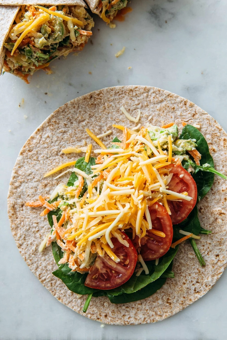 BBQ Chicken Wraps, grilled chicken wraps, healthy chicken wraps, easy lunch wraps, flavorful wrap recipes - The image shows an open whole wheat tortilla lying flat on a white marbled surface. On the tortilla, there is a visible layer of fresh green leafy spinach at the bottom. On top of the spinach, there is a mix of shredded vegetables including green and orange carrot strips, finely chopped greens, and a creamy textured filling mixed in. Above this vegetable mix, there are several slices of fresh red tomato placed in a row across the middle. Finally, the top layer consists of shredded yellow and white cheese scattered over the tomatoes and vegetables. In the top left corner, there is a wrapped tortilla sandwich with similar ingredients visible. Photo taken with an iphone --ar 2:3 --v 7