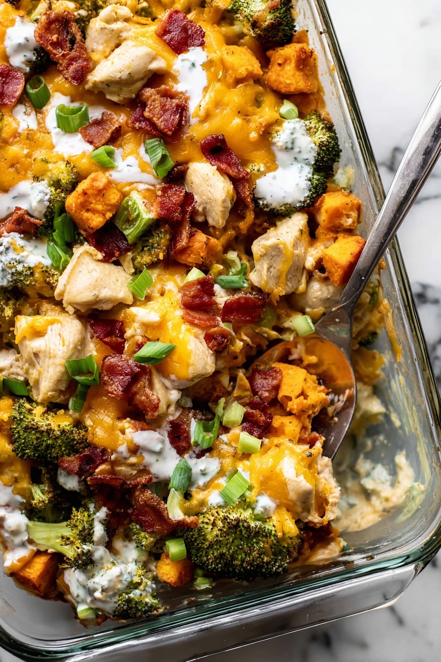 Buffalo Chicken Sweet Potato Casserole, spicy buffalo chicken bake, healthy sweet potato casserole, baked buffalo chicken dinner, easy comfort food recipes - A clear glass baking dish filled with a colorful mix of food layers on a white marbled surface. The bottom layer is made of orange roasted cubes, likely sweet potatoes, topped with bright green roasted broccoli pieces. Large chunks of cooked white chicken pieces are scattered evenly on top of the vegetables. On the top layer, there are dark red crispy bacon strips breaking up the texture and sprinkled yellow shredded cheddar cheese adds a soft texture and color contrast. Around the dish, there are small white bowls filled with chopped green onions, more bacon strips, and an orange sauce. The overall look is warm and inviting with a mix of soft and crispy textures, set against the white marbled background. Photo taken with an iphone --ar 2:3 --v 7