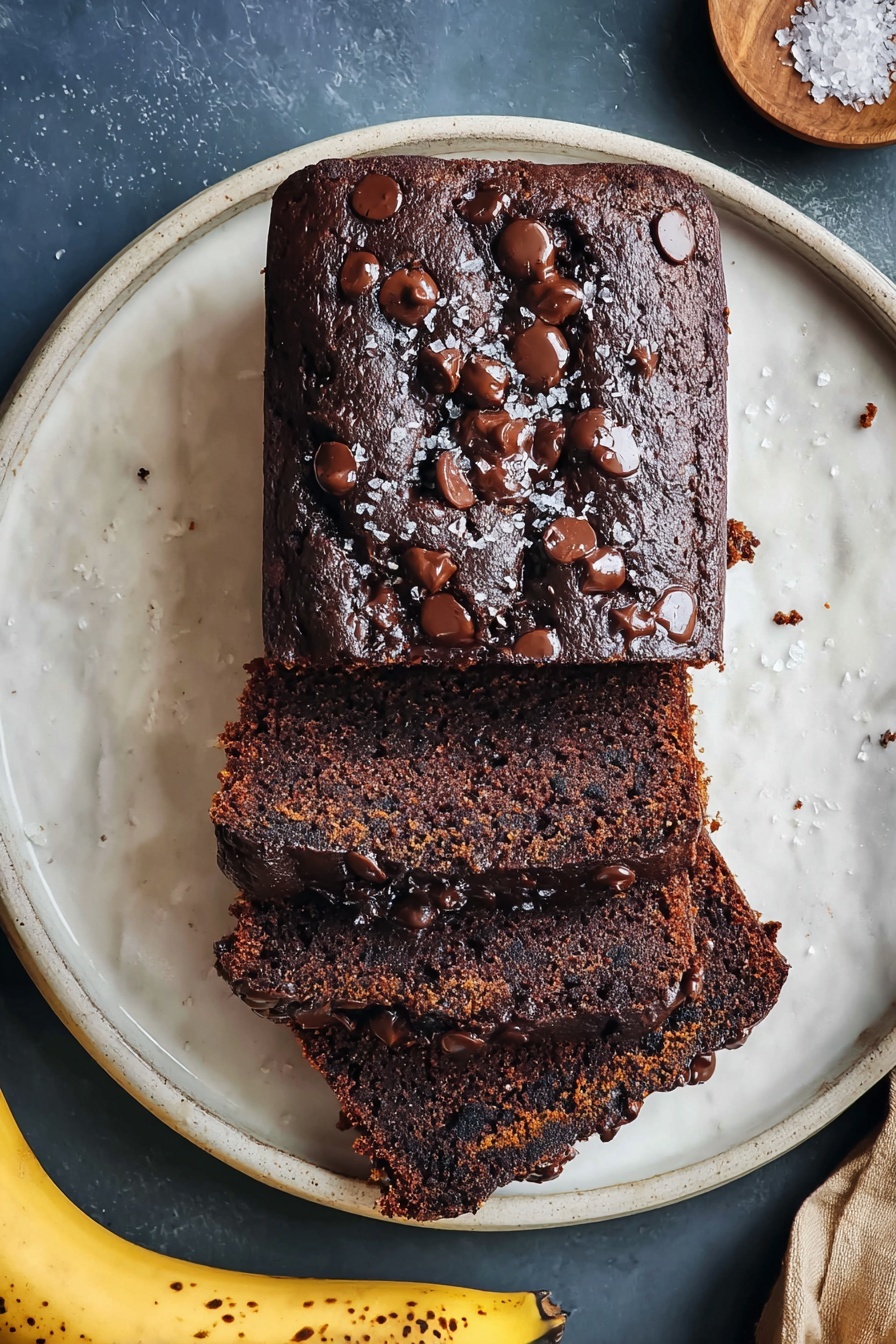 Chocolate Espresso Banana Bread, chocolate banana bread with espresso, moist banana bread with chocolate and espresso, easy chocolate banana loaf, decadent banana bread recipes - A dark brown chocolate banana bread loaf sits on a white plate, with three thick slices cut and laid out below the loaf. The bread has a rough top with melted chocolate chips and some coarse sea salt scattered over it. The inside of the slices looks moist and speckled with chocolate bits. The white plate with the bread rests on a white marbled surface, with a few ripe spotted bananas placed at the bottom edge. Photo taken with an iphone --ar 2:3 --v 7
