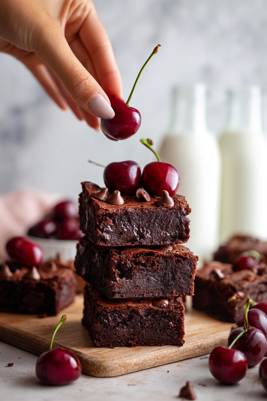 Chocolate Cherry Brownie, Chocolate Cherry Brownie Recipe, Fudgy Cherry Brownies, Easy Cherry Brownies, Best Chocolate Cherry Brownie - The image shows a stack of three square chocolate brownies with a rich, dark brown color and a moist, dense texture. The top brownie has shiny chocolate chips embedded inside and is decorated with glossy, deep red cherries, some halved to show their juicy inside. A woman's hand holds a whole cherry by its long stem above the stack. Around the stack, there are more brownies and cherries scattered on a wooden surface, all set against a white marbled background with two blurred bottles of milk in the distance. photo taken with an iphone --ar 2:3 --v 7