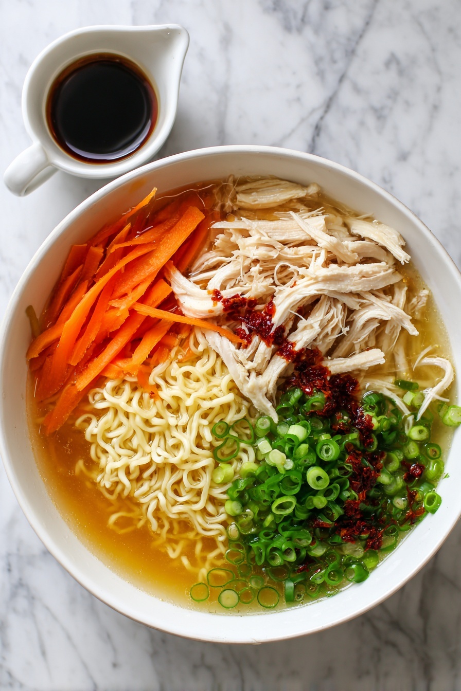 Ginger Scallion Chicken Noodle Soup, chicken noodle soup with ginger and scallions, easy Asian chicken soup recipe, comforting chicken noodle broth, quick homemade noodle soup - A white bowl filled with a clear broth base, topped with several layers including shredded white chicken pieces on one side, thin orange carrot sticks beside the chicken, cooked curly light beige noodles near the center, and a large heap of finely sliced green onions covering a section of the bowl. There are also dark red chili oil spots scattered around the surface. A small white cup with dark chili oil is placed beside the bowl on a white marbled background. Photo taken with an iphone --ar 2:3 --v 7