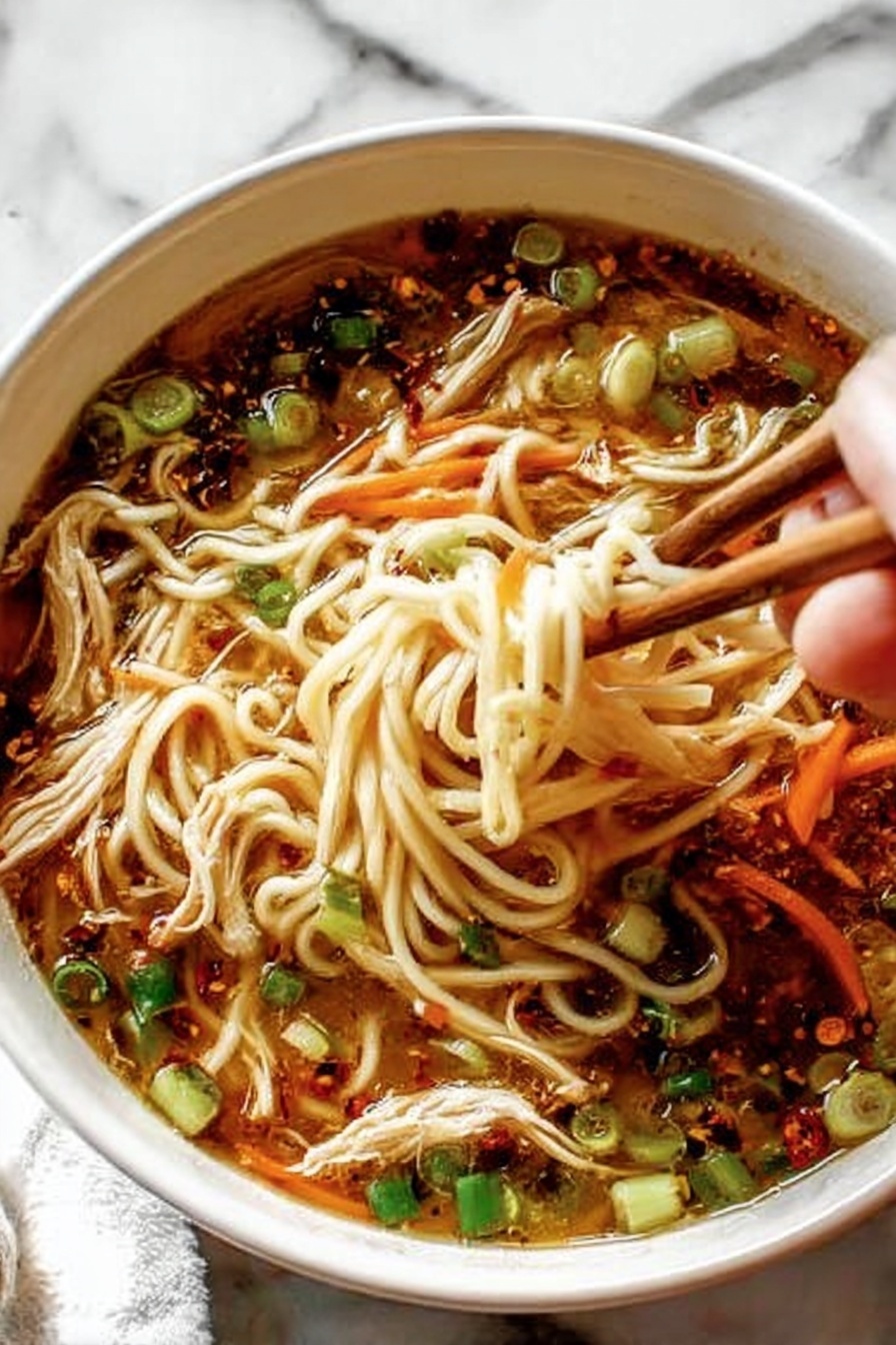 Ginger Scallion Chicken Noodle Soup, chicken noodle soup with ginger and scallions, easy Asian chicken soup recipe, comforting chicken noodle broth, quick homemade noodle soup - A white bowl filled with clear broth contains three main layers: at the bottom are thin, flat white noodles tangled together; floating on the noodles are small pieces of light beige shredded meat, dark brown mushroom slices, and green chopped scallions; the top layer has chunks of pale green celery and thin orange carrot strips. The broth has small drops of oil that add a light shine to the surface. The bowl sits on a light brown woven mat with a glass of light yellow liquid nearby and a white marbled tabletop underneath. Photo taken with an iphone --ar 2:3 --v 7