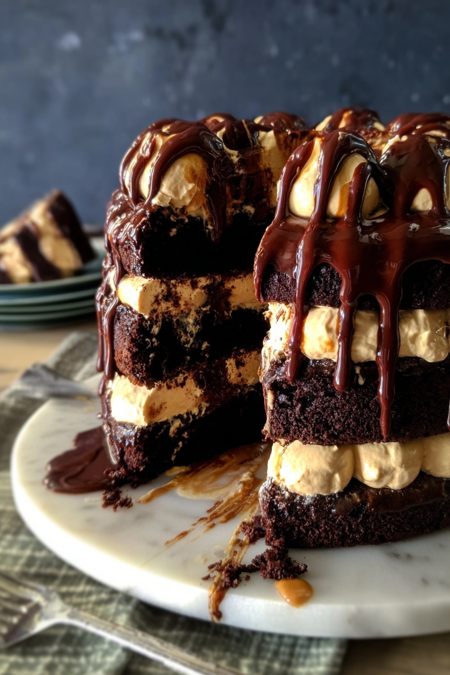 Decadent Salted Caramel Chocolate Fudge Cake, salted caramel chocolate cake, chocolate fudge cake with salted caramel, indulgent chocolate cake recipe, salted caramel dessert recipes - This image shows a tall, four-layer chocolate cake on a white marbled surface. Each dark brown chocolate cake layer is thick and moist, separated evenly by light tan cream dollops that look smooth and fluffy. The top of the cake is fully covered with the same cream dollops around the edge, and dark, glossy chocolate sauce drips thickly down the sides, creating a shiny, rich look. The chocolate sauce also pools slightly at the base of the cake, blending with the cream and cake layers. The background is dark with soft light hitting the cake, making it stand out. photo taken with an iphone --ar 2:3 --v 7