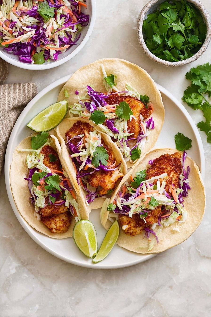 Air Fryer Fish Tacos with Cilantro Lime Slaw, fish tacos recipe, healthy fish tacos, easy air fryer tacos, quick weeknight dinner ideas - Three soft white tortillas are placed on a white plate on a white marbled surface. Each tortilla holds a layer of golden-brown crispy fish pieces topped with a colorful mix of shredded purple and white cabbage, sliced carrots, and green herbs. Fresh green cilantro leaves are scattered on top and around the plate. Lime wedges are placed on the side of the plate and near it. A small white bowl with extra cabbage slaw and another with extra cilantro are also visible. photo taken with an iphone --ar 2:3 --v 7