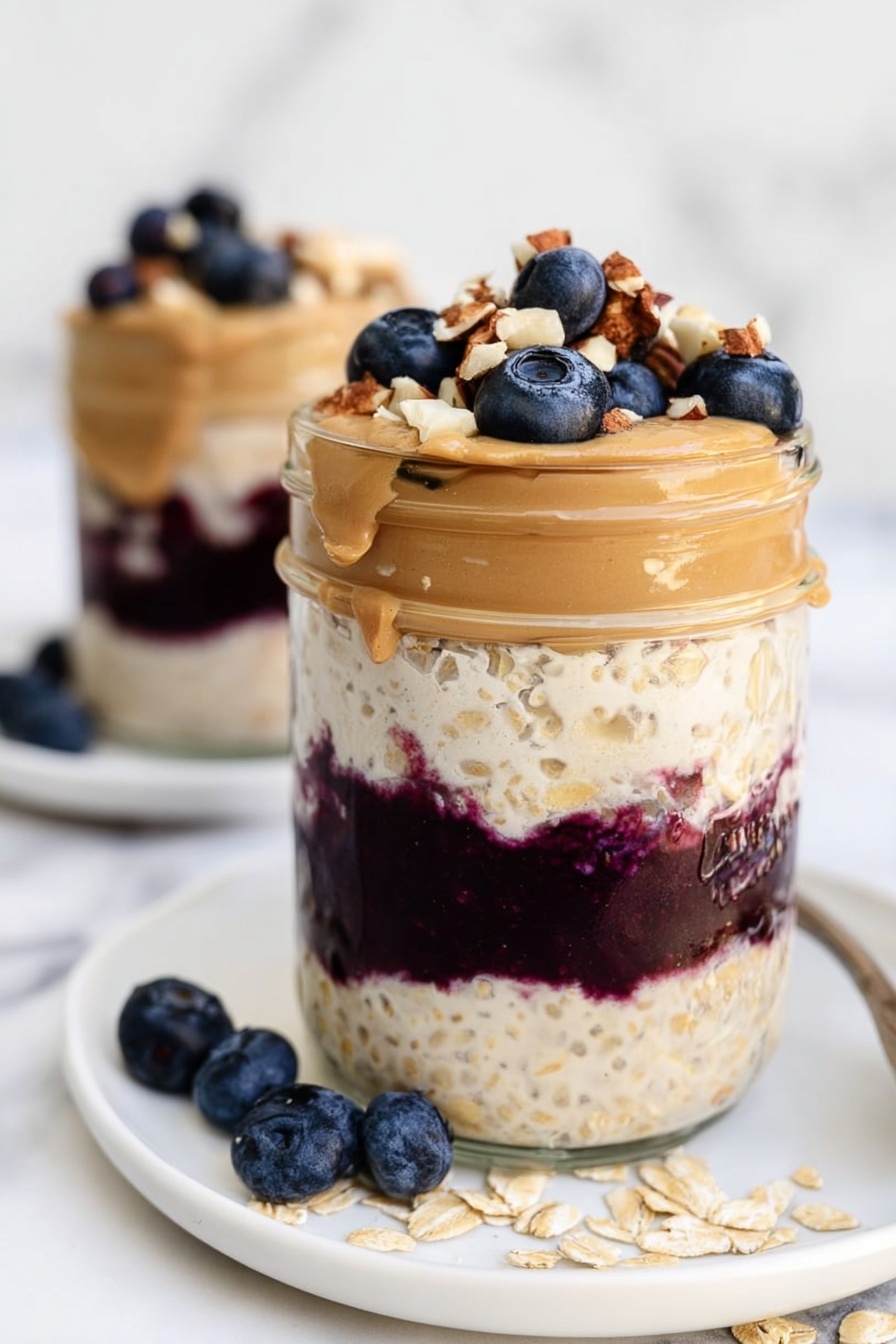 Peanut Butter and Jelly Overnight Oats, healthy breakfast overnight oats, easy overnight oats recipes, make-ahead breakfast ideas, no-cook breakfast oats - The image shows two clear glass jars filled with three layers: the bottom layer is oatmeal with a light beige color and smooth texture; the middle layer is a dark red berry jam spread evenly; the top layer consists of oatmeal again, with a rough and creamy texture. On the very top, there is a topping made of whole blueberries, roughly chopped light brown peanuts, and some jam dripping slightly down the sides. Around the jars, there are scattered blueberries and oats on a white marbled surface. One jar has a silver spoon inserted near the top. To the side, there is a small white bowl filled with light brown peanuts and another white bowl with fresh blueberries. The photo taken with an iphone --ar 2:3 --v 7