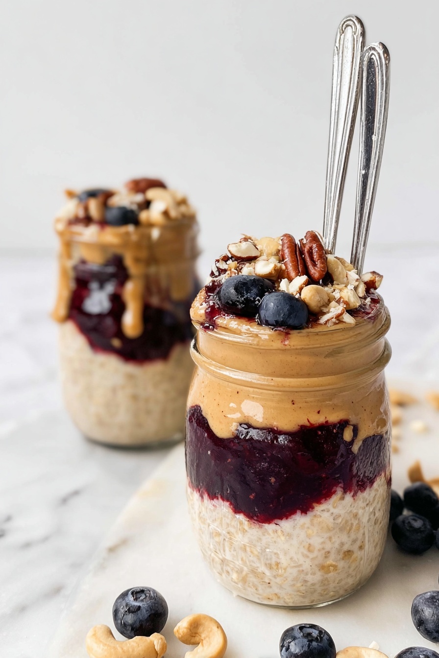 Peanut Butter and Jelly Overnight Oats, healthy breakfast overnight oats, easy overnight oats recipes, make-ahead breakfast ideas, no-cook breakfast oats - The image shows two glass jars filled with a three-layered dessert placed on a white marbled surface. Each jar has a bottom layer of creamy oatmeal in a light beige color, topped with a thick dark purple fruit jam layer in the middle. Above the jam is a smooth, golden peanut butter layer that fills the jars almost to the top. On the very top, the jars are filled with more oatmeal mixed with chopped nuts including light brown cashews and darker pecans, and fresh dark blue blueberries. Two silver spoons are inserted into the jar in the front, and some scattered blueberries and cashews are visible nearby. The background is simple and white marbled. Photo taken with an iphone --ar 2:3 --v 7