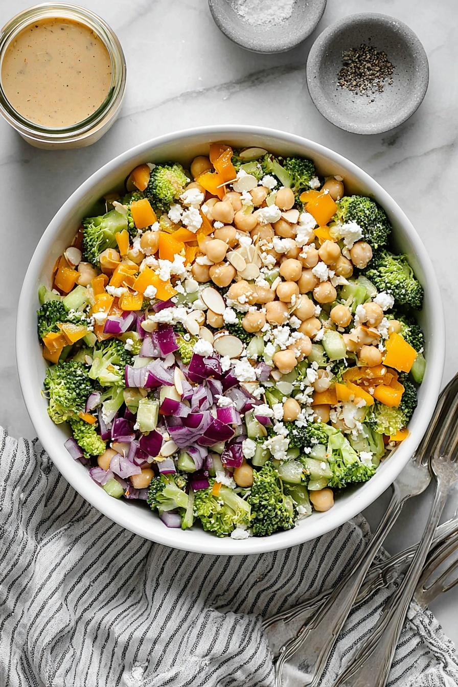 Broccoli and Chickpea Salad with Lemon Tahini, healthy broccoli chickpea salad, vegan lemon tahini salad, easy nutritious salad recipes, vibrant vegetable salad - A white bowl filled with a colorful salad showing multiple layers: the base layer consists of small, bright green broccoli florets and light beige chickpeas; scattered throughout are chunky orange bell pepper pieces and pale green celery bits; bright purple-red onion cubes are mixed evenly, adding contrast; white crumbled cheese pieces are sprinkled on top along with thin, light beige almond slivers; a light creamy dressing is drizzled over the salad, visible especially on the cheese and broccoli. A silver spoon rests in the bowl on the left side, and in the background there is a small glass jar with more dressing and a spoon inside it; the bowl is placed on a white marbled surface with a grey striped towel to the left. photo taken with an iphone --ar 2:3 --v 7