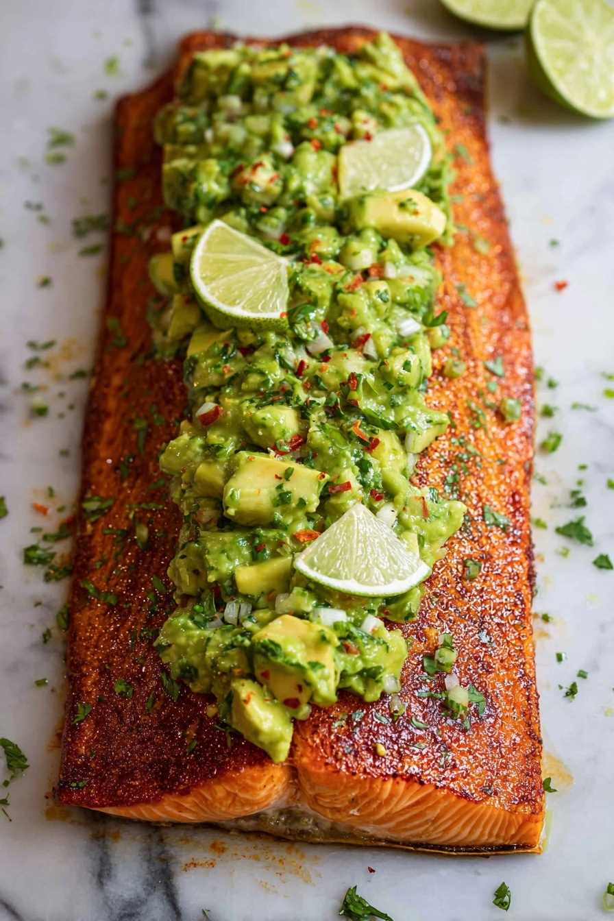 Spice Rubbed Salmon with Avocado Salsa, baked salmon with avocado topping, easy salmon dinner ideas, healthy seafood recipes, flavorful salmon recipes - A large, flat piece of cooked fish with a reddish-brown seasoning crust covers the entire top surface, showing a single long vertical line in the center. The fish is lying on a white marbled surface with some seasoning scattered around it on the left side. The edges around the fish are slightly darker, giving a roasted look. photo taken with an iphone --ar 2:3 --v 7