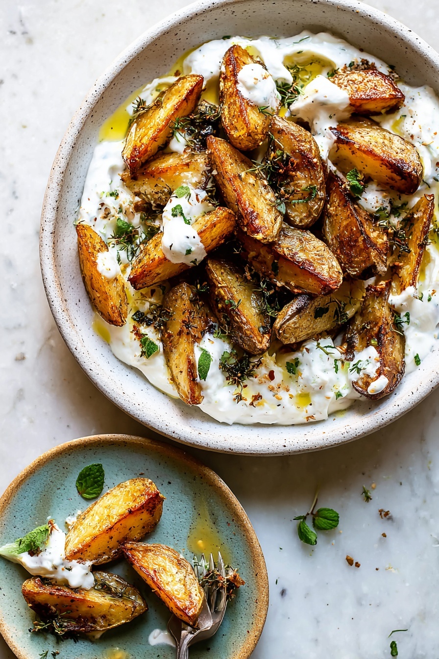 Crispy Herb Roasted Potatoes with Feta, herb roasted potatoes, crispy potato side dish, roasted potato recipes, feta sauce side dish - A white plate with a smooth layer of creamy white yogurt spread all over the base, swirled to create soft waves. On top, there are golden-brown roasted potato wedges scattered mainly on one side. The potatoes have a crispy, slightly charred texture with bits of green herbs sprinkled evenly. Small dollops of creamy sauce sit on some potato pieces. Bright green herb leaves and tiny chopped herbs are scattered over the yogurt and potatoes, along with small pools of golden olive oil and a light dusting of reddish spices. A few fresh herb sprigs are placed on the yogurt for decoration. The plate sits on a white marbled surface. Photo taken with an iphone --ar 2:3 --v 7