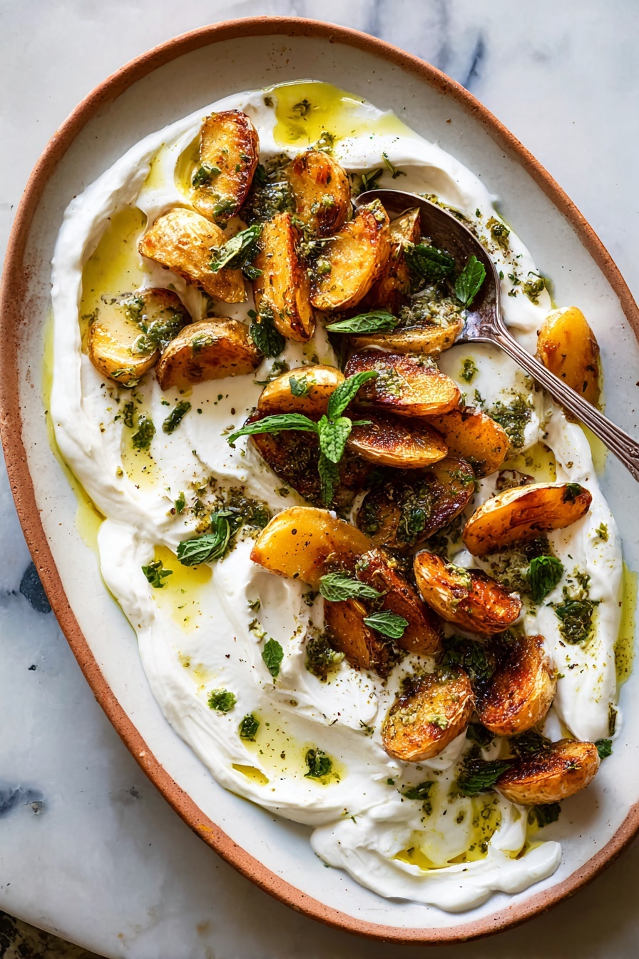 Crispy Herb Roasted Potatoes with Feta, herb roasted potatoes, crispy potato side dish, roasted potato recipes, feta sauce side dish - The image shows two white plates of roasted potato wedges on a white marbled surface. The larger plate is filled with golden brown potato wedges that have a crispy texture and are spread over a base layer of creamy white sauce. The potato wedges are scattered with small green herbs and drizzled with an oil-based herb dressing. Small dollops of white sauce are placed on top of some wedges, and a few tiny green leaves add color contrast. On the smaller plate, a few potato wedges rest on a similar white sauce layer, with a silver fork holding one wedge. The scene is bright and natural, capturing the textures of the potatoes and sauce clearly. photo taken with an iphone --ar 2:3 --v 7