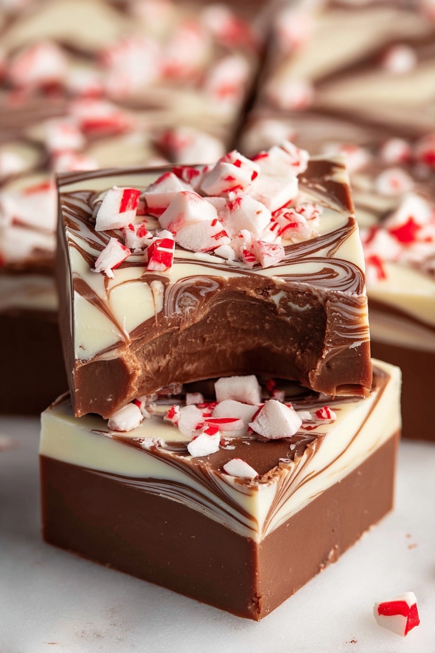 Peppermint Swirl Chocolate Fudge, holiday peppermint fudge, festive chocolate fudge, peppermint dessert recipe, easy Christmas fudge - The image shows thick square pieces of fudge with three visible layers: a bottom white layer, a middle layer with swirled white and milk chocolate, and a smooth milk chocolate top layer. Each piece is topped with large broken peppermint candy pieces in white and red, scattered unevenly, giving a crunchy texture. The fudge’s edges are clean with the swirls creating a marbled effect on all sides. The background and base have a white marbled texture. The top piece has a bite taken out of it, revealing the creamy inside photo taken with an iphone --ar 2:3 --v 7