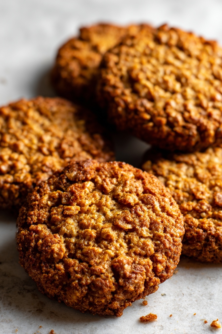 Healthy Gingerbread Oatmeal Cookies, Gingerbread oatmeal cookies, healthy cookie recipes, gingerbread spice treats, wholesome holiday snacks - A close-up of five round, textured oatmeal cookies with a dark golden brown color, slightly rough surface showing oat pieces, arranged loosely on a white marbled tray, with some crumbs scattered around. The front cookie is in sharp focus, and the others gently blur into the background, creating depth. Photo taken with an iphone --ar 2:3 --v 7