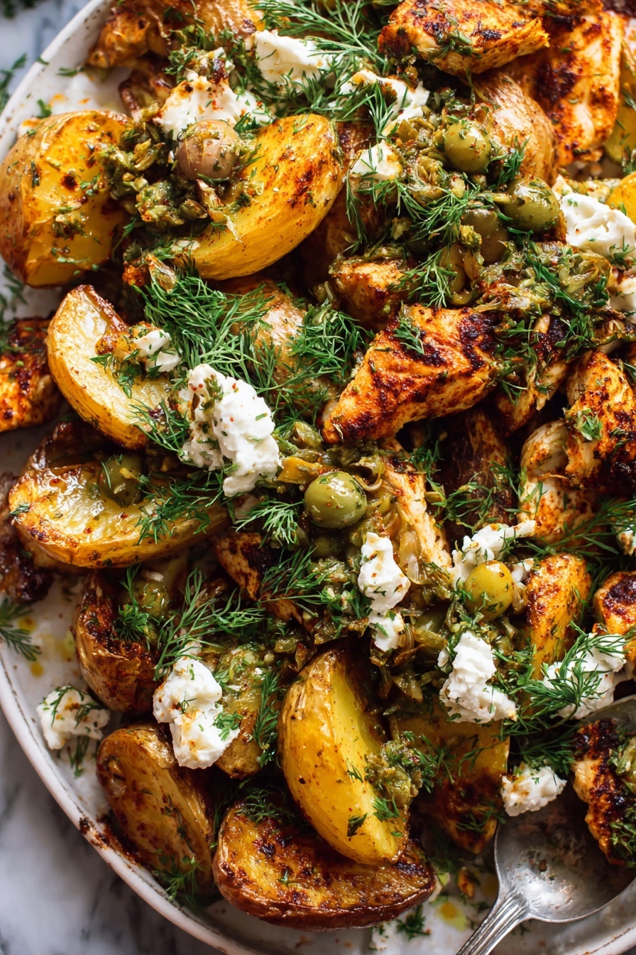 Sheet Pan Greek Garlic Butter Chicken and Potatoes, Greek chicken sheet pan recipe, garlic butter chicken and potatoes, easy Greek dinner ideas, one-pan chicken and potatoes - The dish is shown on a dark baking tray filled with three cooked chicken pieces with a brown, charred texture on top. Around the chicken are golden roasted potato halves with a soft and slightly crisp look. Scattered among them are white chunks of soft cheese and green olives, all topped with small pieces of chopped green herbs and garlic. Bright green sprigs of dill add a fresh touch across the dish. A silver spoon rests inside the tray, holding some of the olives and herbs. Underneath, a small white plate has some cheese and olive mixture on it, all set against a white marbled background. photo taken with an iphone --ar 2:3 --v 7
