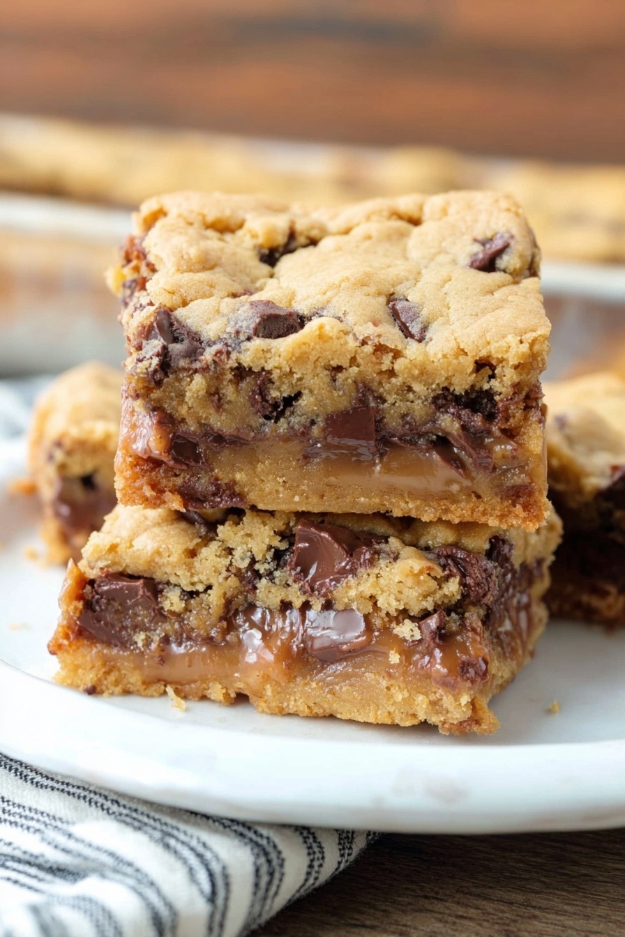 Better Than Anything Chocolate Caramel Bars, chocolate caramel dessert bars, gooey caramel chocolate bars, easy caramel brownie bars, decadent chocolate caramel treat - The image shows a close-up of a square dessert bar with three visible layers. The top layer is a light golden, slightly crumbly cookie dough texture. The middle layer is thick, creamy, and caramel-colored, with a smooth texture that looks slightly melted. The bottom layer is a dense, rich chocolate base with a mix of lighter and darker brown shades, showing a fudgy consistency. The bar is being lifted on a metal spatula above a white plate on a wooden surface with a red and white striped cloth partially visible. The background is a white marbled texture. photo taken with an iphone --ar 2:3 --v 7