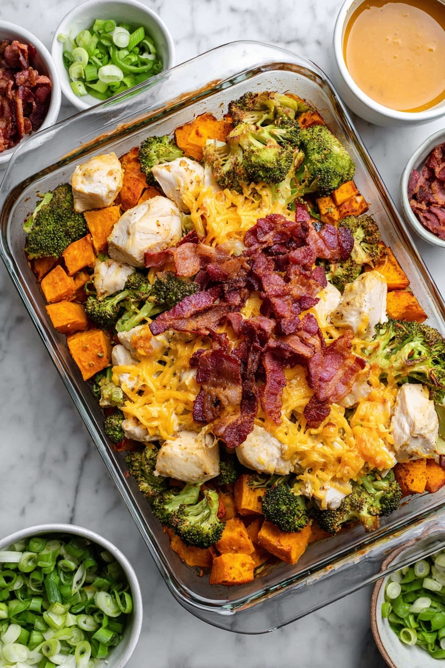 Buffalo Chicken Sweet Potato Casserole, spicy buffalo chicken bake, healthy sweet potato casserole, baked buffalo chicken dinner, easy comfort food recipes - This image shows a glass baking dish filled with a layered casserole. The bottom layer is a mix of roasted broccoli and sweet potato chunks with a slightly crisp texture and green and orange colors. On top of this, there are slices of cooked chicken pieces with a light brown color, scattered with reddish-brown bacon pieces. Melted cheddar cheese sheets with a rich orange color cover the chicken and vegetables, adding a smooth texture. There are dollops of white sauce spread over the dish, with small bits of crumbly white cheese and sliced green onions sprinkled on top, adding contrast and freshness. The dish is placed on a white marbled surface with a silver spatula partially inside the baking dish. Photo taken with an iphone --ar 2:3 --v 7