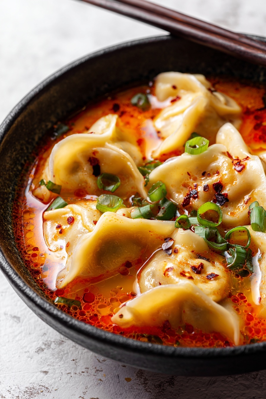 Coconut Curry Soup with Dumplings, vegan coconut curry soup, easy Thai curry soup, comforting vegan soup recipes, one-pot coconut curry - A close-up of six dumplings in a bowl filled with spicy orange-red broth, garnished with green sliced scallions and some red chili flakes sprinkled on top. The dumplings have a soft, pale yellow dough with a smooth texture and slightly folded edges. The bowl is black and round, sitting on a white marbled surface, and a pair of dark brown chopsticks rests on the bowl's edge, pointing diagonally away. The broth has little oil droplets and floating herbs giving it a rich texture and warm appearance photo taken with an iphone --ar 2:3 --v 7