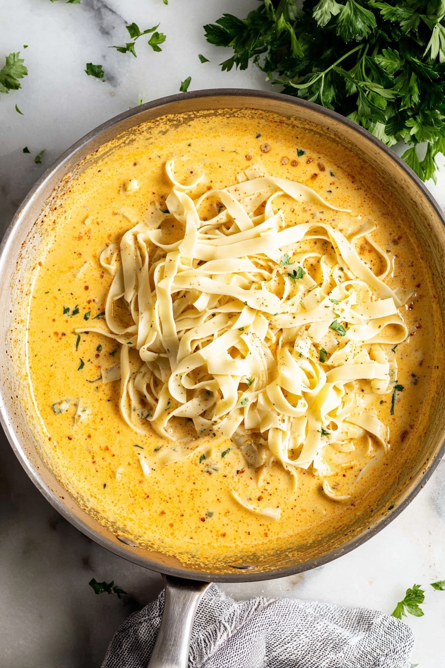 Cajun Alfredo Sauce, Cajun Alfredo Pasta, Spicy Alfredo Sauce, Creamy Cajun Pasta, Easy Cajun Alfredo - In a large silver pan, there is a creamy, orange-yellow sauce covering the bottom and sides, with visible small specks of seasoning throughout. On top of the sauce, fresh, pale cream-colored flat pasta noodles are layered loosely, mostly piled on one side of the pan, showing their soft, slightly curled texture. The pan sits on a white marbled surface with a gray and white cloth partially visible beneath the handle on the bottom left. Fresh green parsley leaves are placed on the top right of the image, adding a pop of color. Photo taken with an iphone --ar 2:3 --v 7