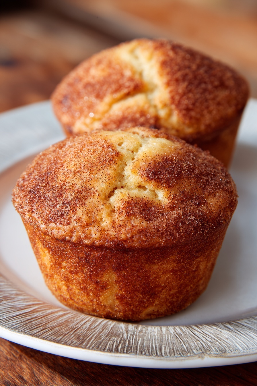 Apple Cinnamon Greek Yogurt Muffins, healthy apple cinnamon muffins, moist Greek yogurt muffins, homemade apple cinnamon baking, easy breakfast muffins - Two muffins sit on a white plate with a shiny silver textured rim. The muffins have a golden brown top sprinkled with cinnamon sugar that gives a slightly rough and crumbly texture. The muffins are thick and rounded with light spots showing the soft inside. The background shows a blurry wooden surface, but the main view is focused on the muffins and the plate. photo taken with an iphone --ar 2:3 --v 7