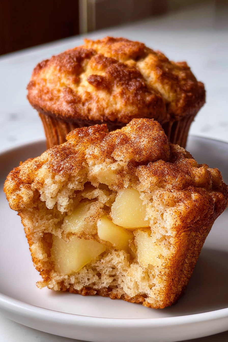 Apple Cinnamon Greek Yogurt Muffins, healthy apple cinnamon muffins, moist Greek yogurt muffins, homemade apple cinnamon baking, easy breakfast muffins - The image shows a close-up of a muffin that has been split into two halves, placed on a white plate with a blue patterned rim. The muffin has a crumbly golden-brown top with a light dusting of cinnamon or sugar. Inside, there are many small, soft chunks of red-skinned apple mixed throughout the light, fluffy, and slightly moist beige cake. The muffin sits on a white marbled surface with a soft background blur, creating a warm and inviting look. photo taken with an iphone --ar 2:3 --v 7