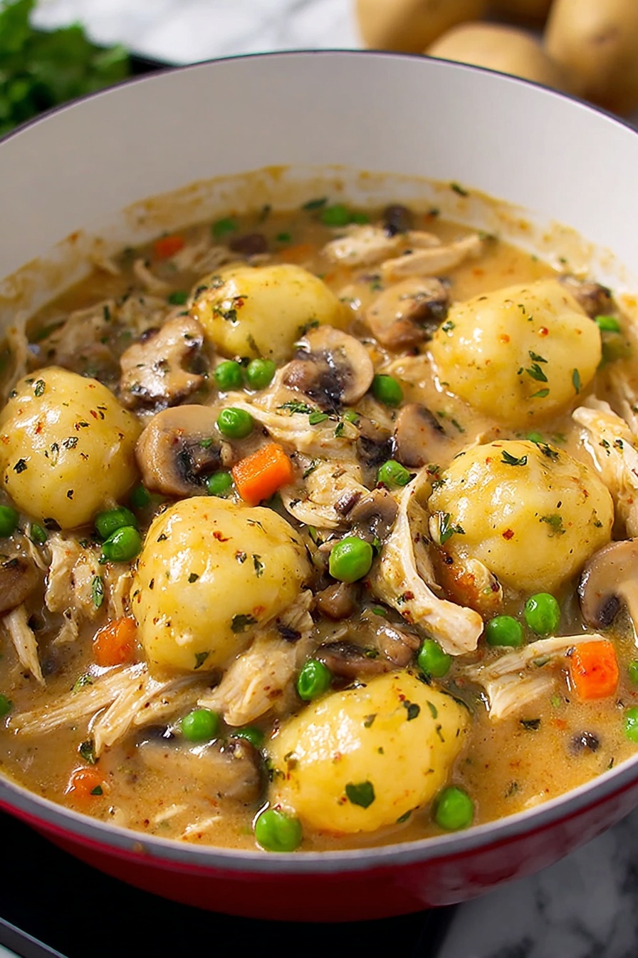 One-Pot Gnocchi Chicken Pot Pie, chicken gnocchi skillet, comforting weeknight dinner, easy chicken pie recipe, creamy chicken and gnocchi - A white bowl filled with creamy stew showing layers of shredded light brown chicken, slices of dark brown mushrooms, whole bright green peas, and small round orange carrots mixed with thick pale yellow sauce. Fresh green leaves of salad sit behind the bowl on a white marbled surface. The stew looks warm and slightly shiny with small green herb leaves scattered on top. photo taken with an iphone --ar 2:3 --v 7