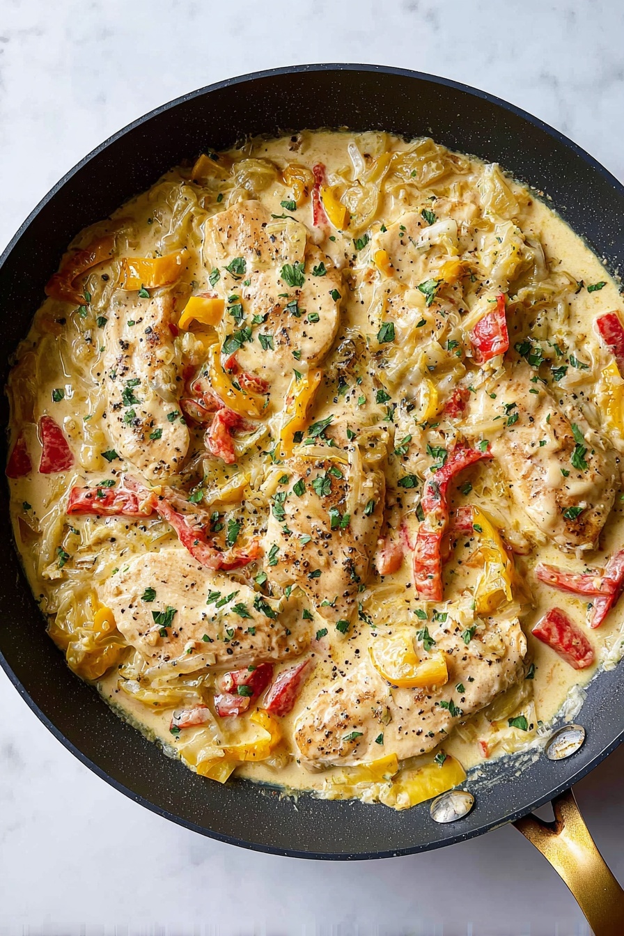 Creamy Pepperoncini Chicken Skillet, spicy chicken skillet recipe, easy creamy chicken dinner, quick weeknight chicken recipe, zesty chicken skillet - The image shows a black frying pan on a white marbled surface filled with a creamy dish containing several light beige chicken pieces layered beneath a sauce. The sauce is thick and pale yellow, mixed with diced translucent onions and slices of red and yellow bell peppers scattered throughout. Green parsley pieces are sprinkled evenly on top, adding contrast. Black pepper dots are visible across the dish, giving texture and seasoning hints. The pan’s handle is gold-colored, with no other items in the background. Photo taken with an iphone --ar 2:3 --v 7