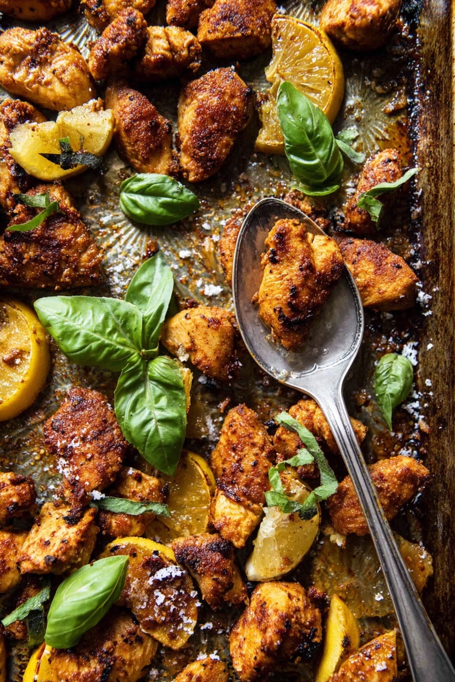 Rosemary Chicken and Avocado Pitas, flavorful pita recipes, easy chicken pita ideas, healthy lunch pitas, quick weeknight dinner - The image shows a baking tray filled with small, browned, and spiced chicken pieces scattered all over, mixed with charred lemon wedges. There are fresh green basil leaves placed on top in several spots, adding vibrant color contrast. A vintage silver spoon holds a piece of chicken dusted with coarse salt and a small basil leaf, resting towards the center of the tray. The tray surface looks textured with grilled marks and seasoning bits, with some shiny oil spots giving a slightly glossy feel. The color palette is warm with rich golden to dark brown hues and fresh green highlights. Photo taken with an iphone --ar 2:3 --v 7