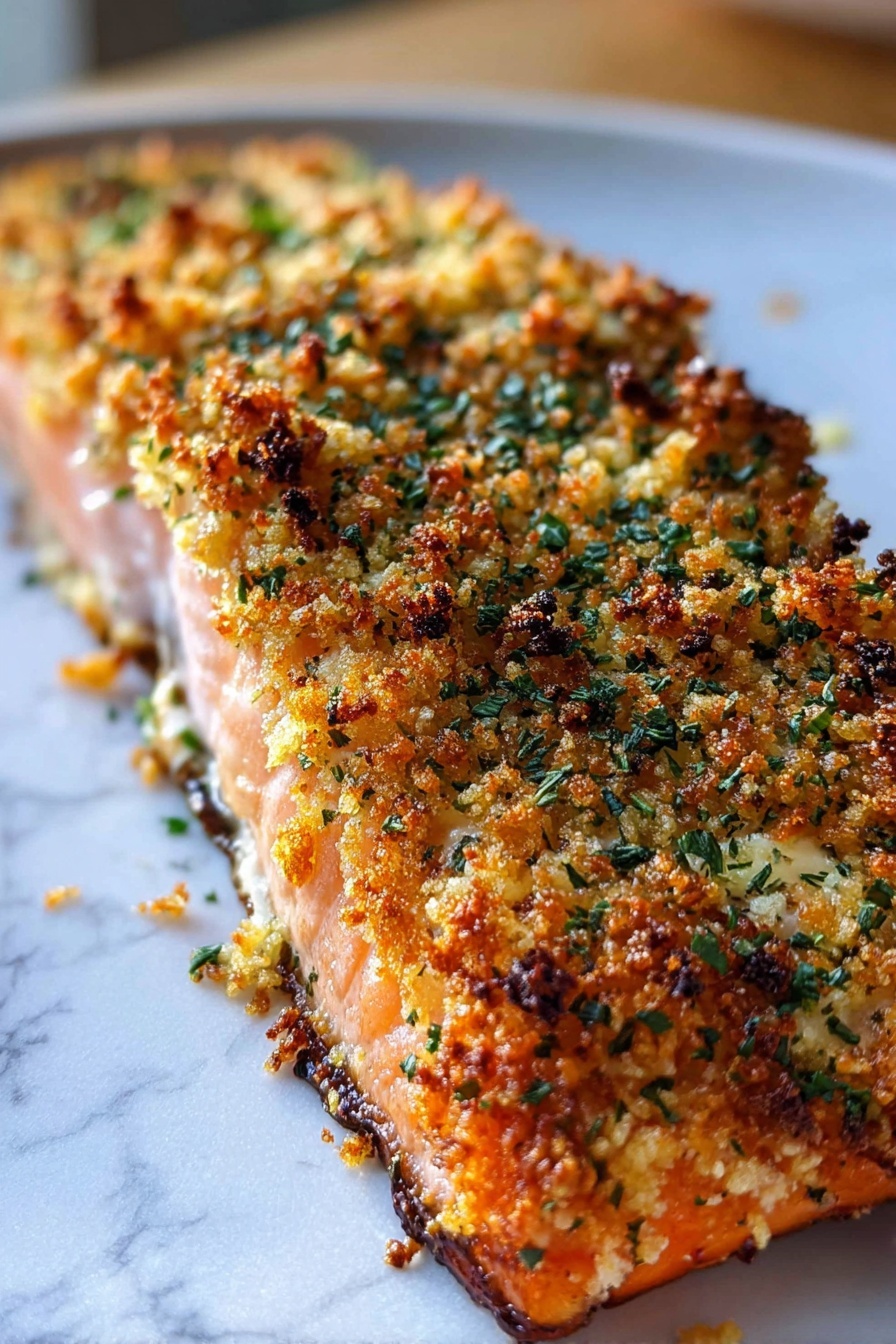 Crispy Parmesan Baked Salmon, baked salmon with Parmesan, easy salmon dinner, healthy baked salmon, crispy salmon recipes - A close-up of one piece of salmon with a thick crunchy topping that is golden brown and slightly burnt on the edges, with visible dried green herbs sprinkled all over. The salmon underneath is light pink with a smooth texture. The salmon is placed on a white plate with a white marbled surface visible in the background. The photo is taken in natural light showing clear and sharp details. photo taken with an iphone --ar 2:3 --v 7