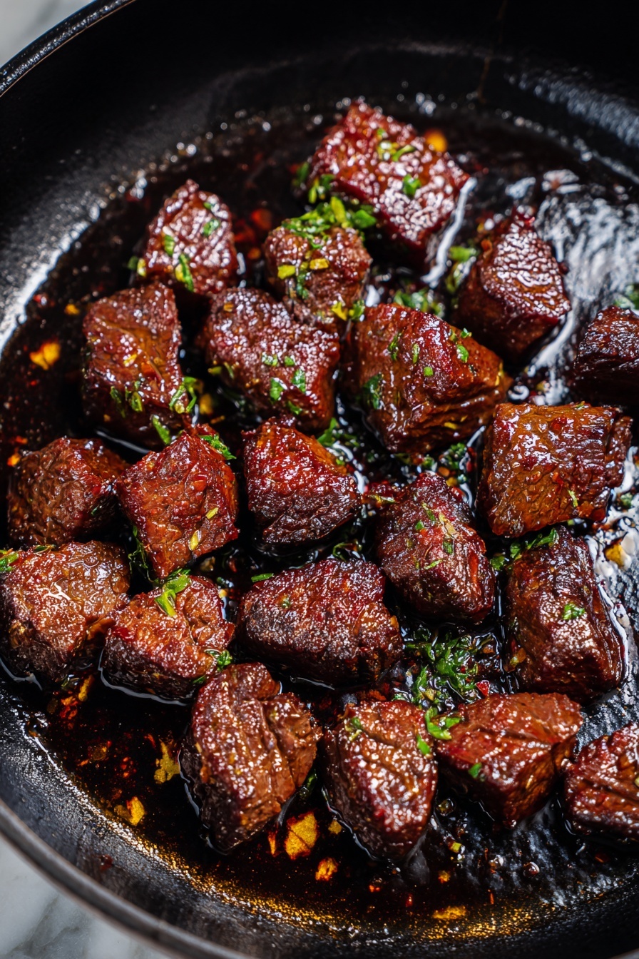 Quick Pineapple Chicken with Coconut Rice, tropical chicken dinner, easy pineapple chicken recipe, quick weeknight chicken, coconut rice recipes - Chunks of dark brown cooked meat are scattered unevenly inside a black metal pan with some shiny sauce coating the surface. The meat pieces are glossy, textured with grill marks and sprinkled with small bits of green herbs. The pan shows some light oil stains and the background is a white marbled texture. Photo taken with an iphone --ar 2:3 --v 7