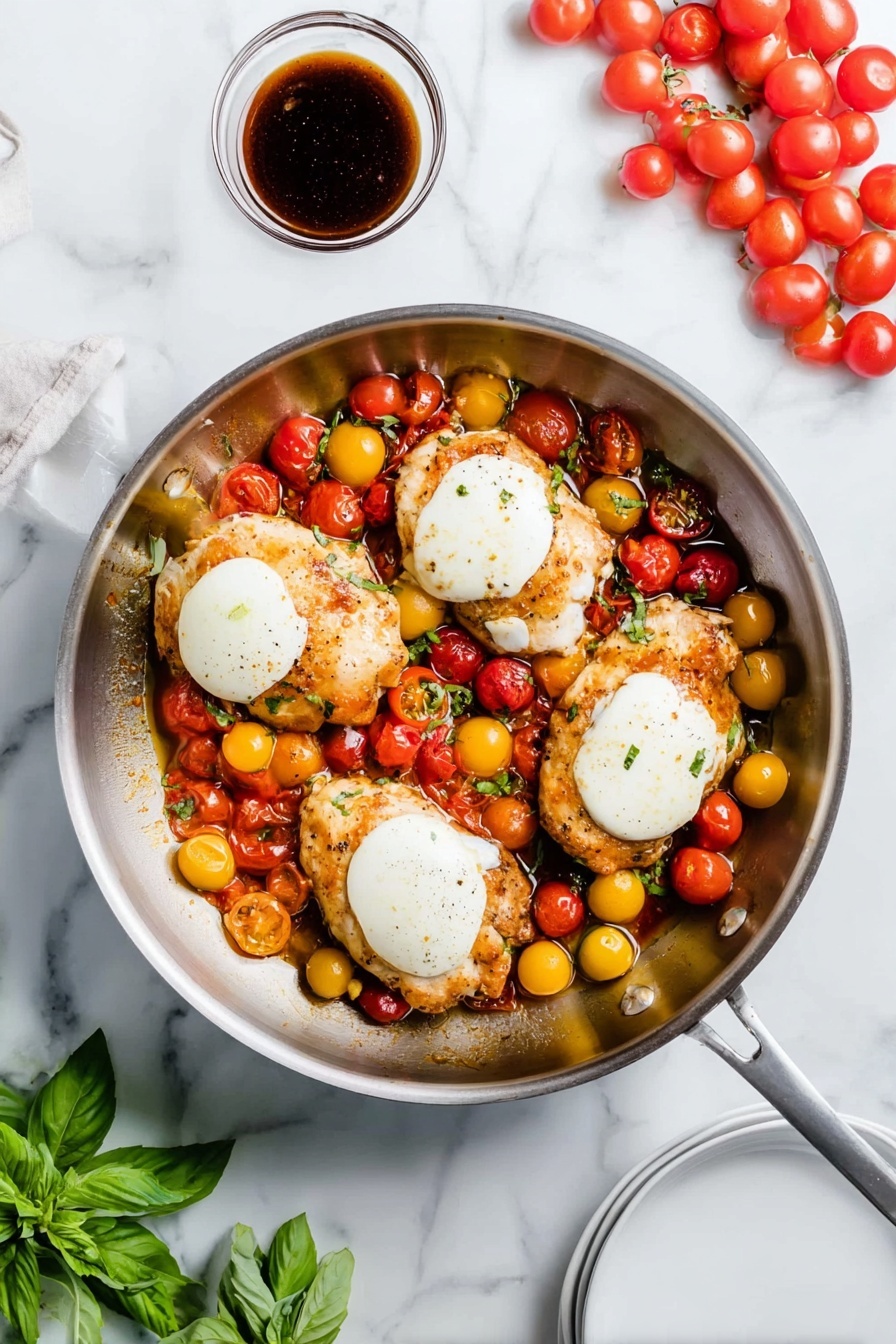 Chicken Caprese Skillet, Easy Chicken Caprese, Balsamic Chicken Skillet, Quick Caprese Chicken Dinner, One-Pan Chicken Caprese - The image shows a silver pan on a white marbled surface with four cooked chicken pieces, each topped with a round slice of melted white cheese. The chicken is surrounded by a colorful mix of small red and yellow cherry tomatoes, some cooked and some whole, with bits of green herbs mixed in. Around the pan, there is a cluster of fresh red cherry tomatoes on a white marbled surface at the top right, a small clear glass bowl filled with dark sauce, a white plate at the bottom right, and a small bunch of fresh green basil leaves at the bottom left. The photo taken with an iphone --ar 2:3 --v 7