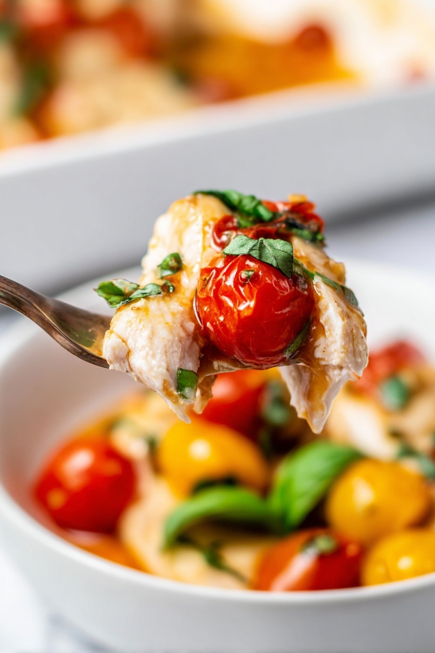Chicken Caprese Skillet, Easy Chicken Caprese, Balsamic Chicken Skillet, Quick Caprese Chicken Dinner, One-Pan Chicken Caprese - The image shows two white dishes with a chicken meal. Each dish has a layer of cooked chicken topped with melted white cheese with light brown spots. The chicken sits on a bed of cooked cherry tomatoes in red and yellow, mixed with a few green basil leaves and some sauce that looks shiny and brown. The larger plate has three chicken pieces with cheese on top, garnished with three fresh green basil leaves in the center. The smaller bowl has one chicken piece with cheese, surrounded by cooked cherry tomatoes and some green basil leaves. The scene is set on a white marbled surface with a black and white striped cloth near the bowl and some fresh cherry tomatoes with green stems to the side. photo taken with an iphone --ar 2:3 --v 7