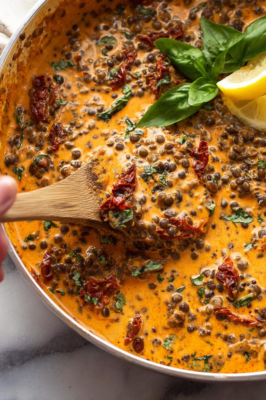 Creamy Lentil Marsala, Lentil Marsala recipe, hearty vegetarian meal, quick Italian lentil dish, creamy lentil stew - The image shows a close-up view of a creamy lentil dish with black lentils in a thick orange sauce, scattered throughout with pieces of sun-dried tomatoes adding red bursts. There are visible green herbs mixed in and fresh green basil leaves placed on the top for garnish. A wooden spoon is stirring the mixture, partly covered by the sauce, and a lemon wedge rests at the upper right corner. The background is a white marbled texture. photo taken with an iphone --ar 2:3 --v 7