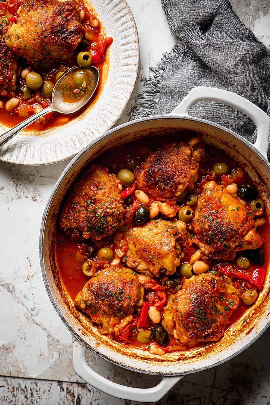 Spanish Chicken in Bravas Sauce, Spanish chicken recipes, bravas sauce chicken, flavorful Spanish chicken dish, spicy chicken with bravas sauce - A white pot filled with six pieces of browned chicken thighs in a thick red tomato sauce with white beans, green and black olives, and slices of red bell pepper scattered throughout. The chicken pieces have a crispy brown textured skin, sitting immersed in the sauce full of small herbs and vegetables. Next to the pot, on a white plate, are two chicken thighs with some sauce, beans, and olives on top, with a silver spoon resting on the plate partially covered in sauce and a green olive. The pot sits on a weathered rustic surface, with a gray cloth to the side, all placed on a white marbled texture background. Photo taken with an iphone --ar 2:3 --v 7