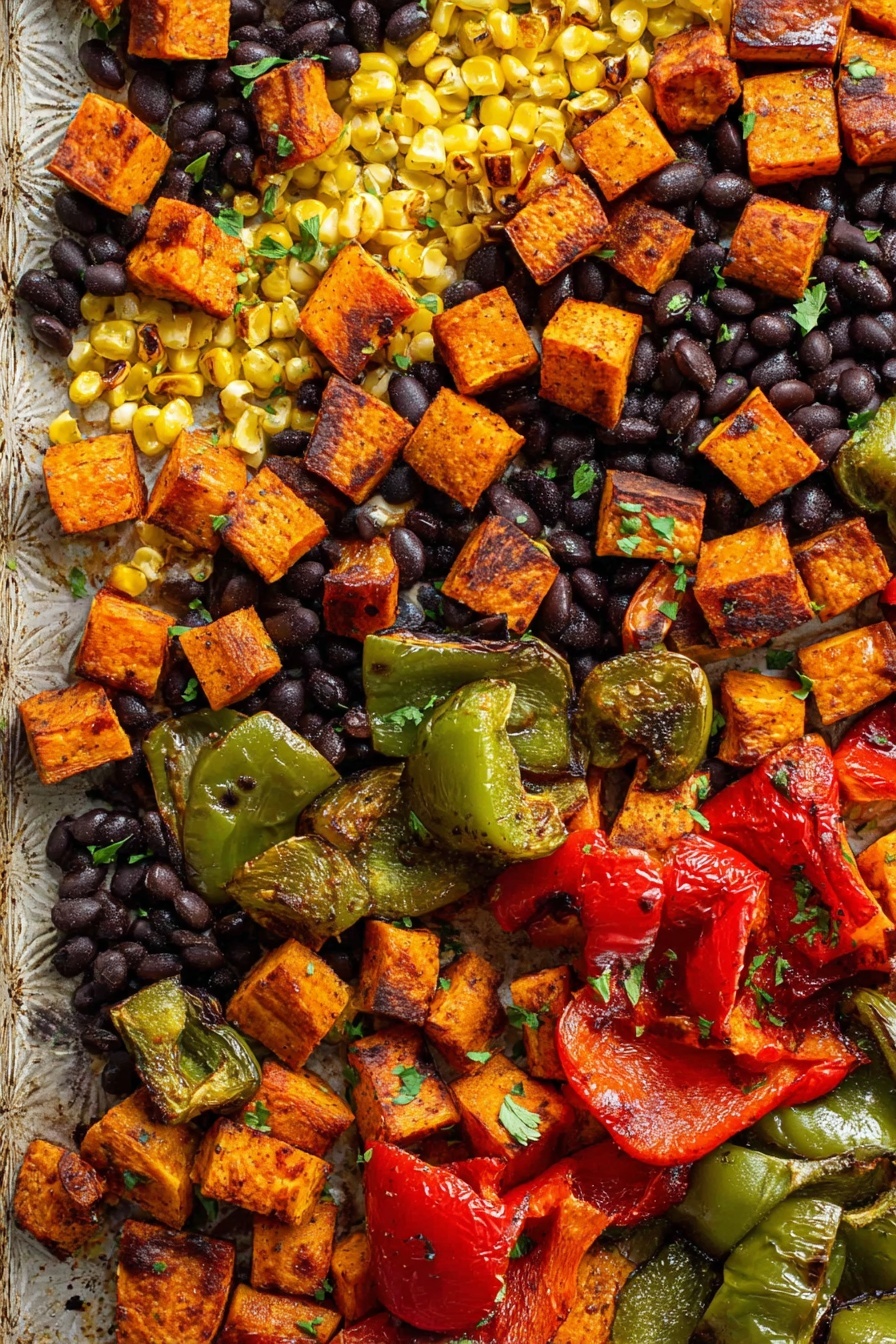 Black Bean Sweet Potato Tacos, healthy vegan tacos, easy vegetarian taco recipe, flavorful sweet potato tacos, quick taco dinner ideas - The image shows a colorful mix of roasted vegetables spread out on a baking sheet with a white marbled texture underneath. The dish has three main layers: the first layer is bright yellow corn kernels scattered across the whole surface; the second layer is black beans that fill the spaces between the other vegetables; the third layer features large chunks of roasted sweet potatoes in shades of orange with some charred edges, roasted green bell peppers with shiny skin and some grill marks, and red bell peppers with wrinkled texture and caramelized spots. Tiny green herbs are sprinkled lightly on top for extra color. Photo taken with an iphone --ar 2:3 --v 7