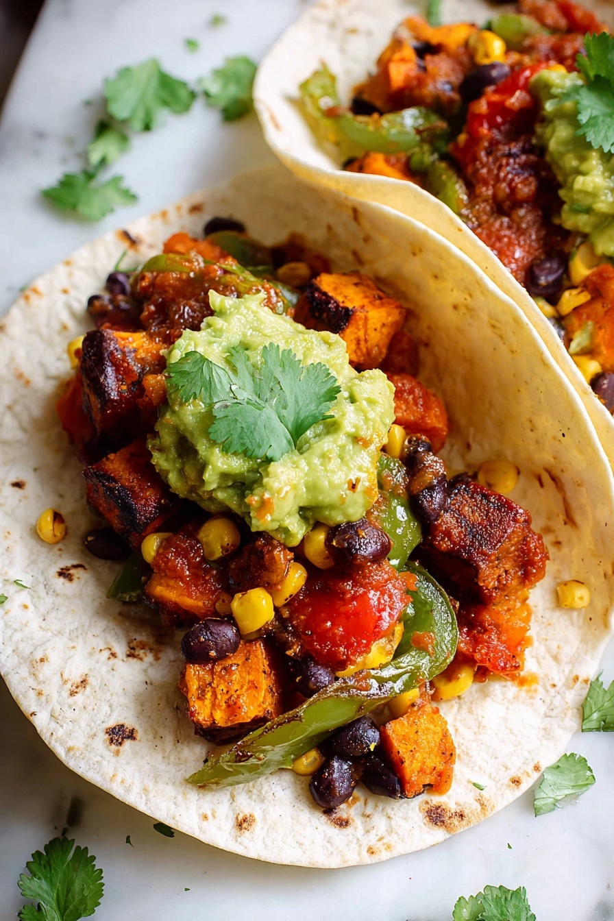 Black Bean Sweet Potato Tacos, healthy vegan tacos, easy vegetarian taco recipe, flavorful sweet potato tacos, quick taco dinner ideas - Three soft tortillas are open and filled with colorful layers starting with a base of black beans and grilled sweet corn kernels, followed by roasted orange sweet potato cubes and grilled red and green bell pepper slices; each tortilla is topped with a scoop of bright green mashed avocado and fresh green cilantro leaves, all placed close together on a white marbled surface with a small brown bowl of red salsa visible in the corner photo taken with an iphone --ar 2:3 --v 7