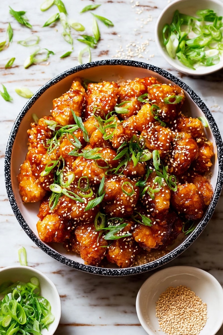 Paleo Sesame Chicken, paleo chicken recipes, Whole30 sesame chicken, healthy paleo chicken dish, easy paleo chicken dinner - A bowl filled with many pieces of fried chicken coated in a shiny, sticky orange-brown sauce forms the main layer. The chicken pieces are crispy with a rough texture, and the sauce gives a glossy look. On top of the chicken, there are many small white sesame seeds sprinkled evenly and bright green chopped scallions scattered around. The bowl is white with a black speckled rim, sitting on a white marbled surface with some green scallions pieces and sesame seeds scattered around it. Nearby, there are two small white bowls, one with green scallions and the other with sesame seeds. Photo taken with an iphone --ar 2:3 --v 7