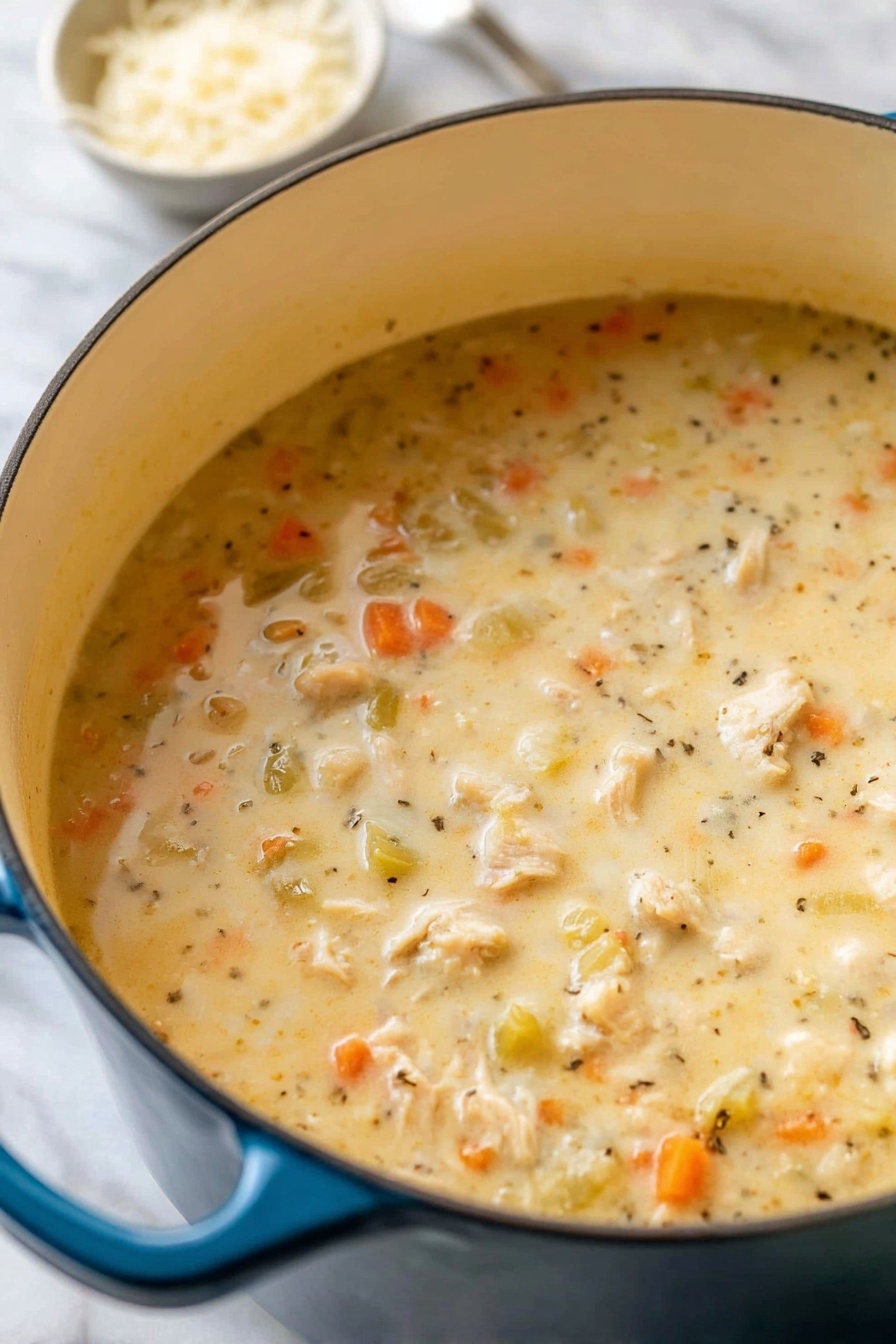 Creamy Chicken and Rice Soup, hearty chicken and rice soup, comforting chicken soup recipe, creamy chicken and rice dinner, easy chicken and rice comfort food - A close-up view of a thick, creamy soup cooked in a white inside, blue outside large pot with two handles, showing a smooth, light yellow base with visible small chunks of orange carrots, pale green celery, and light beige chicken pieces scattered throughout. The soup has specks of black pepper and herbs evenly mixed in, giving it texture and depth. The pot is placed on a white marbled surface, with a small dish of grated cheese blurred in the background. photo taken with an iphone --ar 2:3 --v 7