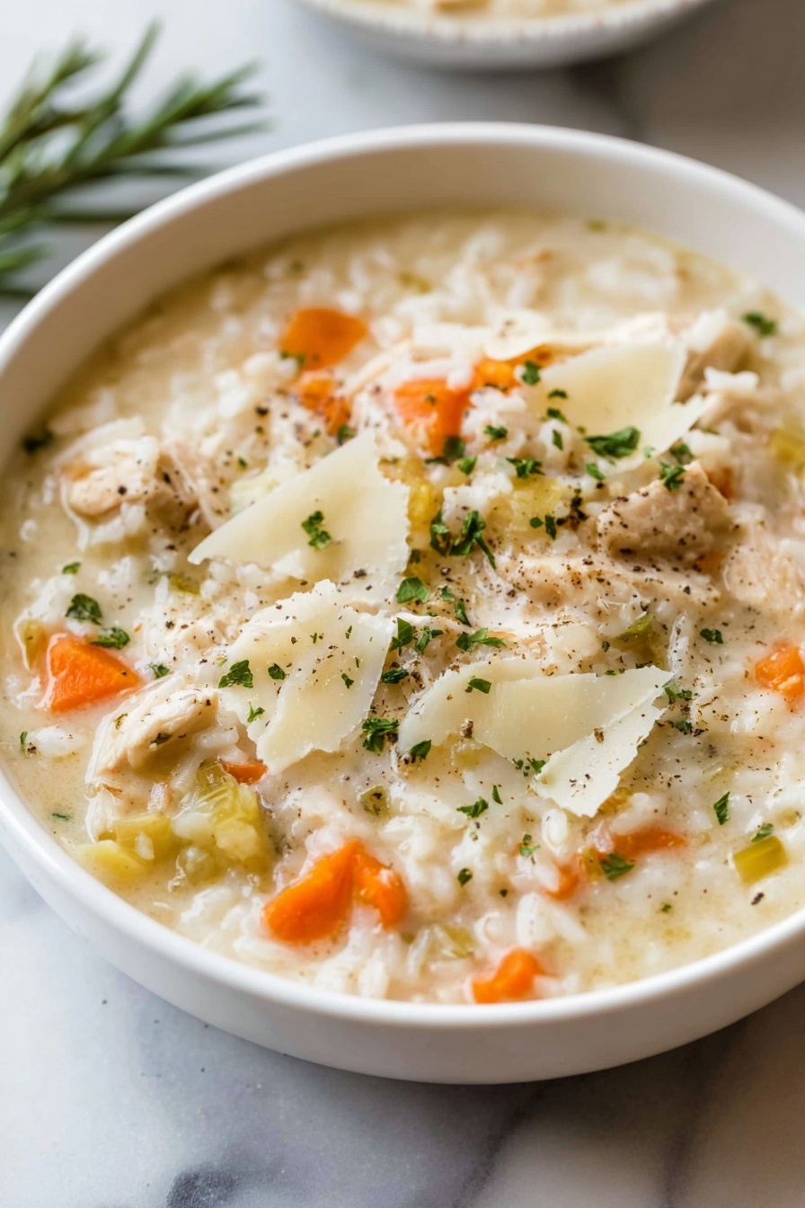 Creamy Chicken and Rice Soup, hearty chicken and rice soup, comforting chicken soup recipe, creamy chicken and rice dinner, easy chicken and rice comfort food - Three white bowls filled with creamy chicken rice soup, placed on a white marbled surface. Each bowl shows a thick, light beige broth with chunks of cooked chicken, small orange carrot pieces, and soft rice grains. The soup is topped with green chopped parsley and thin shards of pale cheese. One bowl features a sprig of rosemary for garnish. The textures are creamy and smooth with bits of vegetables and meat distributed evenly. photo taken with an iphone --ar 2:3 --v 7