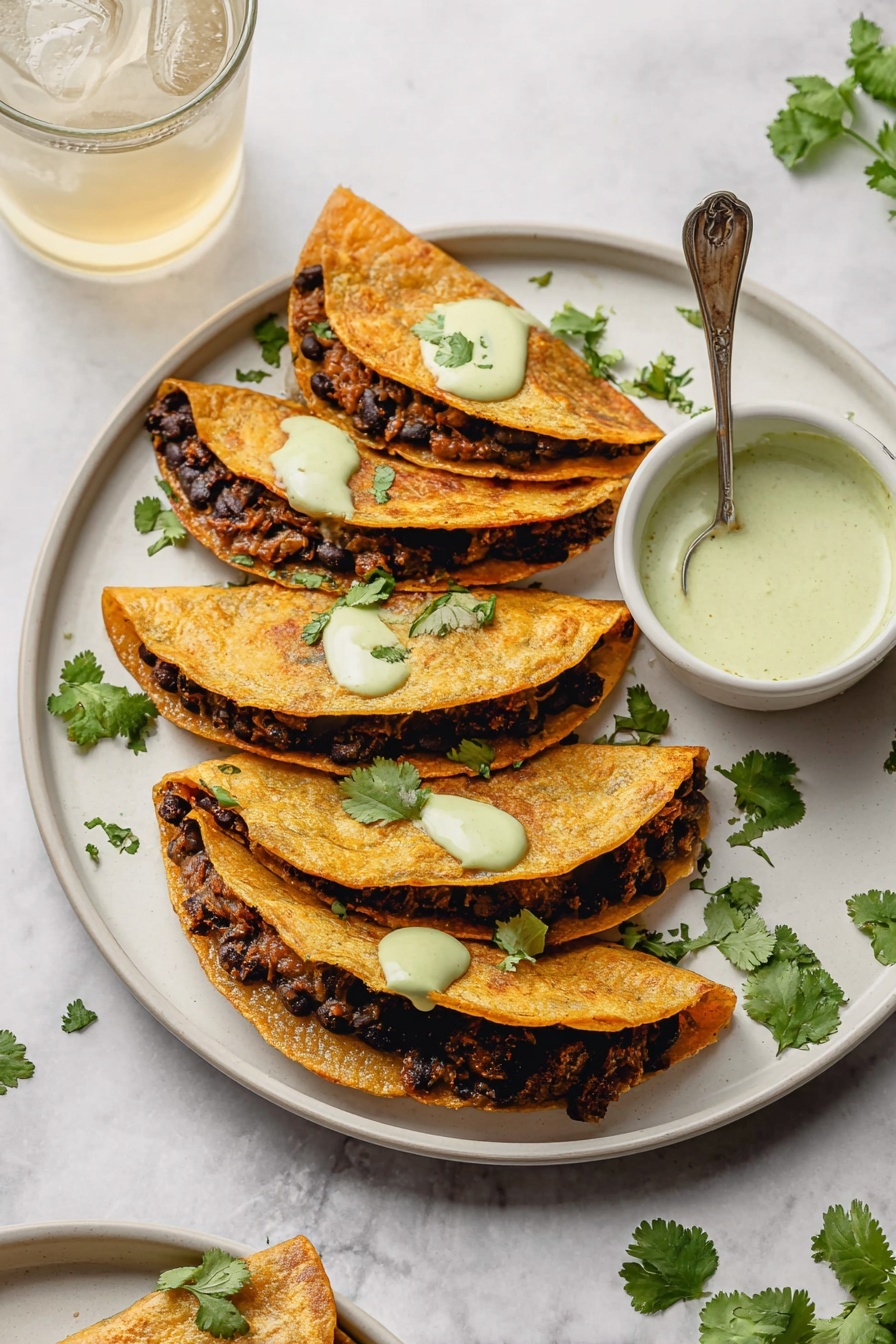Crispy Ground Turkey Tacos with Avocado Sauce, ground turkey taco recipes, healthy taco ideas, easy taco dinner, avocado sauce for tacos - On a white plate, five small folded tacos are arranged in a slight curve, each taco made with a golden brown tortilla that looks lightly crisped on the edges. Inside the tacos, there is a dark filling made of black beans and browned ground meat mixed with small bits of red and green vegetables. The tacos are garnished with small fresh green cilantro leaves. Next to the tacos on the plate is a small white bowl filled with a light green creamy sauce that has fine green specks. The plate sits on a white marbled surface with scattered cilantro leaves around it, and in the background are two glasses filled with cold drinks and a second white plate holding more tacos. photo taken with an iphone --ar 2:3 --v 7