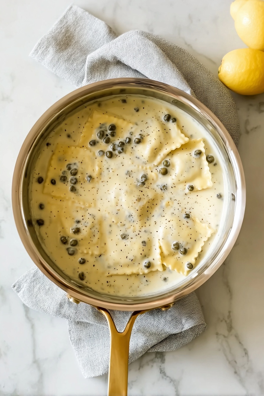 Lemon Caper Sauce, Lemon Caper Sauce for Pasta and Fish, Bright Lemon Caper Sauce, Easy Lemon Caper Sauce Recipe, Briny Lemon Caper Sauce - A stainless steel pan with two handles viewed from above contains a smooth, creamy light beige sauce dotted with small black peppercorns evenly spread across its surface. The pan rests on a soft, light grey cloth with visible folds and wrinkles. The background is a white marbled textured surface. photo taken with an iphone --ar 2:3 --v 7