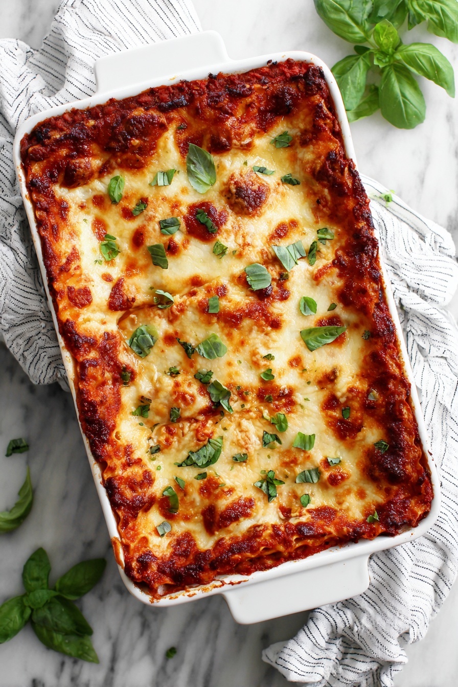 Vegetarian Mushroom Lasagna, vegetarian lasagna recipe, mushroom lasagna, veggie lasagna, easy vegetable lasagna - A white rectangular baking dish filled with a layered lasagna, viewed from above. The lasagna has about four layers. The bottom layer is made of green vegetables, likely spinach or zucchini, followed by a layer of pale yellow noodles. On top of the noodles is a bright red tomato sauce spread evenly. The topmost layer is covered with a thick, uneven mix of shredded white and slightly cream-colored cheese, giving the surface a textured look. The dish rests on a white marbled surface photo taken with an iphone --ar 2:3 --v 7