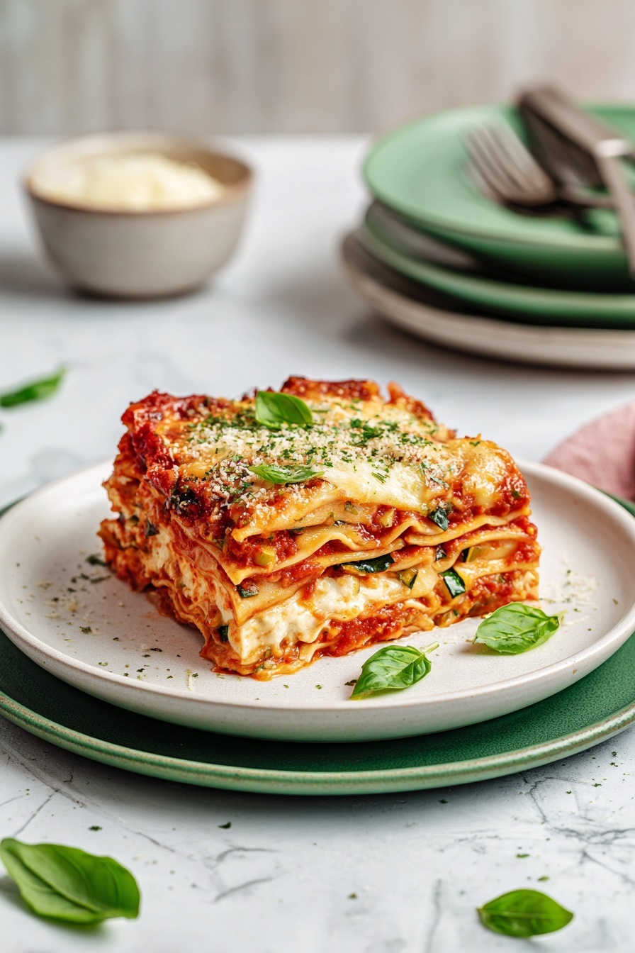 Vegetarian Mushroom Lasagna, vegetarian lasagna recipe, mushroom lasagna, veggie lasagna, easy vegetable lasagna - A white rectangular baking dish filled with a baked lasagna showing multiple layers: at the bottom, a red tomato sauce with herbs, followed by a layer of pasta sheets, topped with melted golden cheese that is slightly browned in spots. Bright green basil leaves are scattered on top, along with small green herb pieces sprinkled evenly across the cheese. The dish sits on a white marbled surface with extra fresh basil leaves nearby, and a striped white and gray cloth partially visible to the side. Photo taken with an iphone --ar 2:3 --v 7