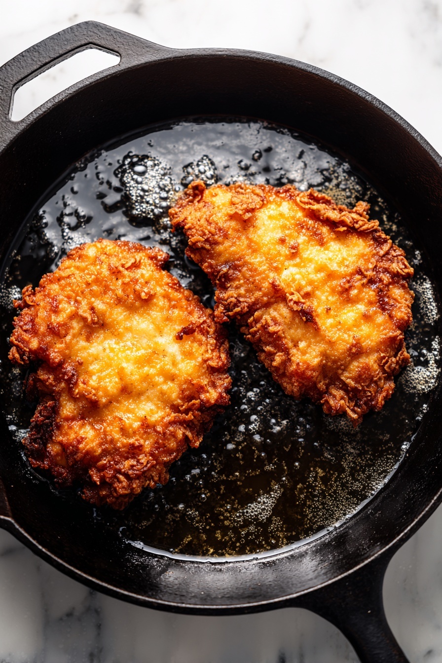 Pretzel Crusted Chicken with Cheddar Sauce, crunchy pretzel chicken, cheesy chicken recipes, easy pretzel coated chicken, savory chicken dinner ideas - The image shows two pieces of golden brown fried chicken cooking in a black cast iron skillet. The chicken has a crispy, crunchy texture with uneven, rough edges and a deep, warm brown color. The surface of the oil in the skillet bubbles gently around the chicken, reflecting light with small shiny spots. The skillet sits on a white marbled surface, creating a clean and bright background. Photo taken with an iphone --ar 2:3 --v 7