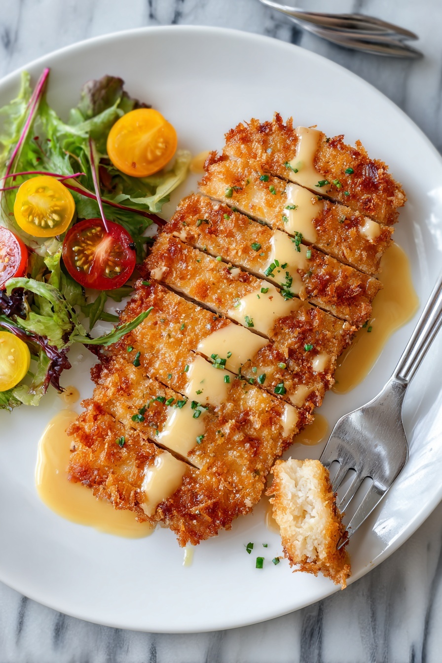 Pretzel Crusted Chicken with Cheddar Sauce, crunchy pretzel chicken, cheesy chicken recipes, easy pretzel coated chicken, savory chicken dinner ideas - The dish shows a thick, crispy golden brown fried piece of chicken with a rough textured crust, lightly drizzled with a smooth, light beige creamy sauce and sprinkled with small pieces of fresh green herbs. On the side, there is a small fresh salad made of mixed dark and light green leafy lettuce, and halved cherry tomatoes in bright red and yellow colors. All the food is placed on a clean white plate, resting on a white marbled surface, with a silver fork visible in the background. Photo taken with an iphone --ar 2:3 --v 7